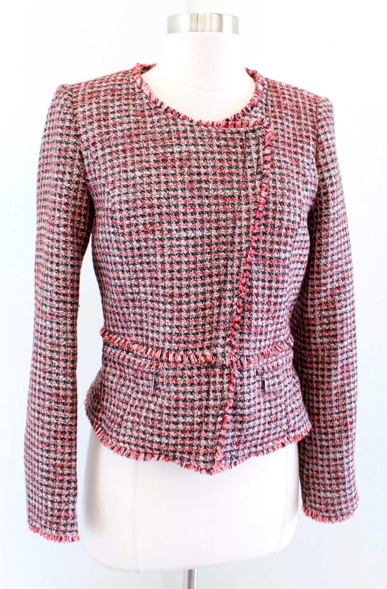 NWT $160 White House Black Market Red Metallic Tweed Moto Blazer Jacket Size 0