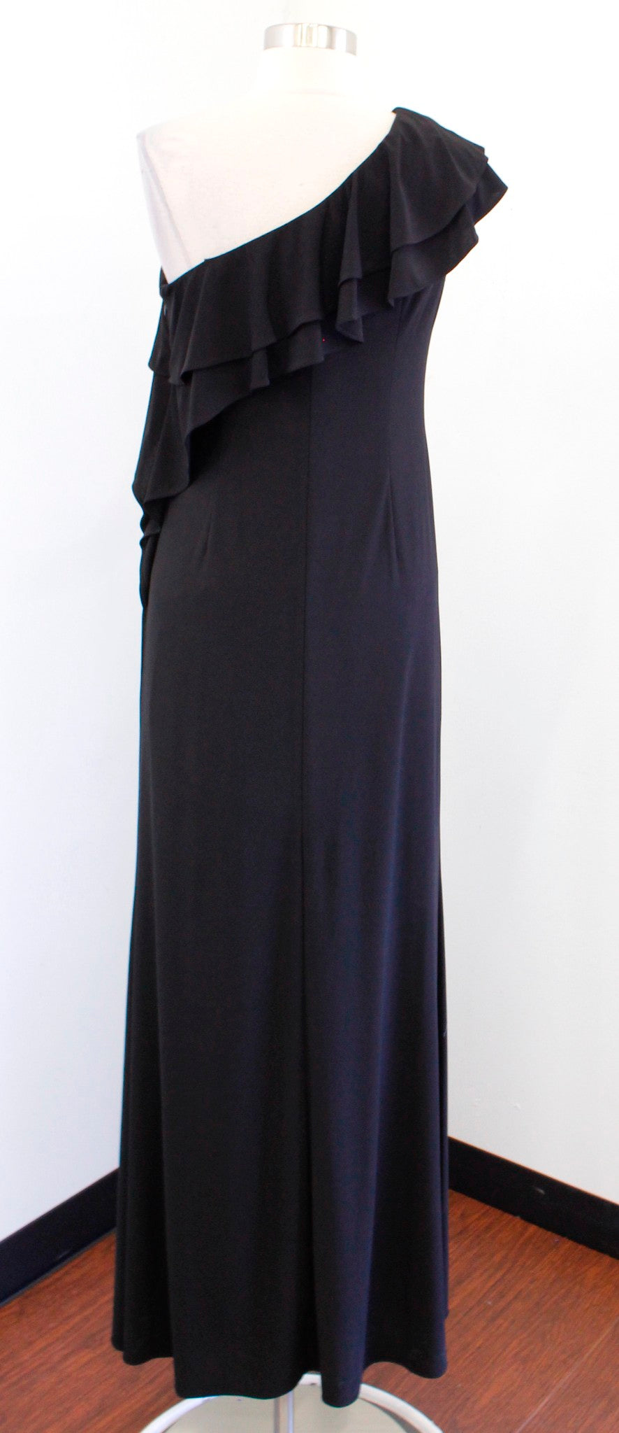 NWT Adrianna Papell Black One Shoulder Ruffle Ruched Evening Dress Formal Size 6