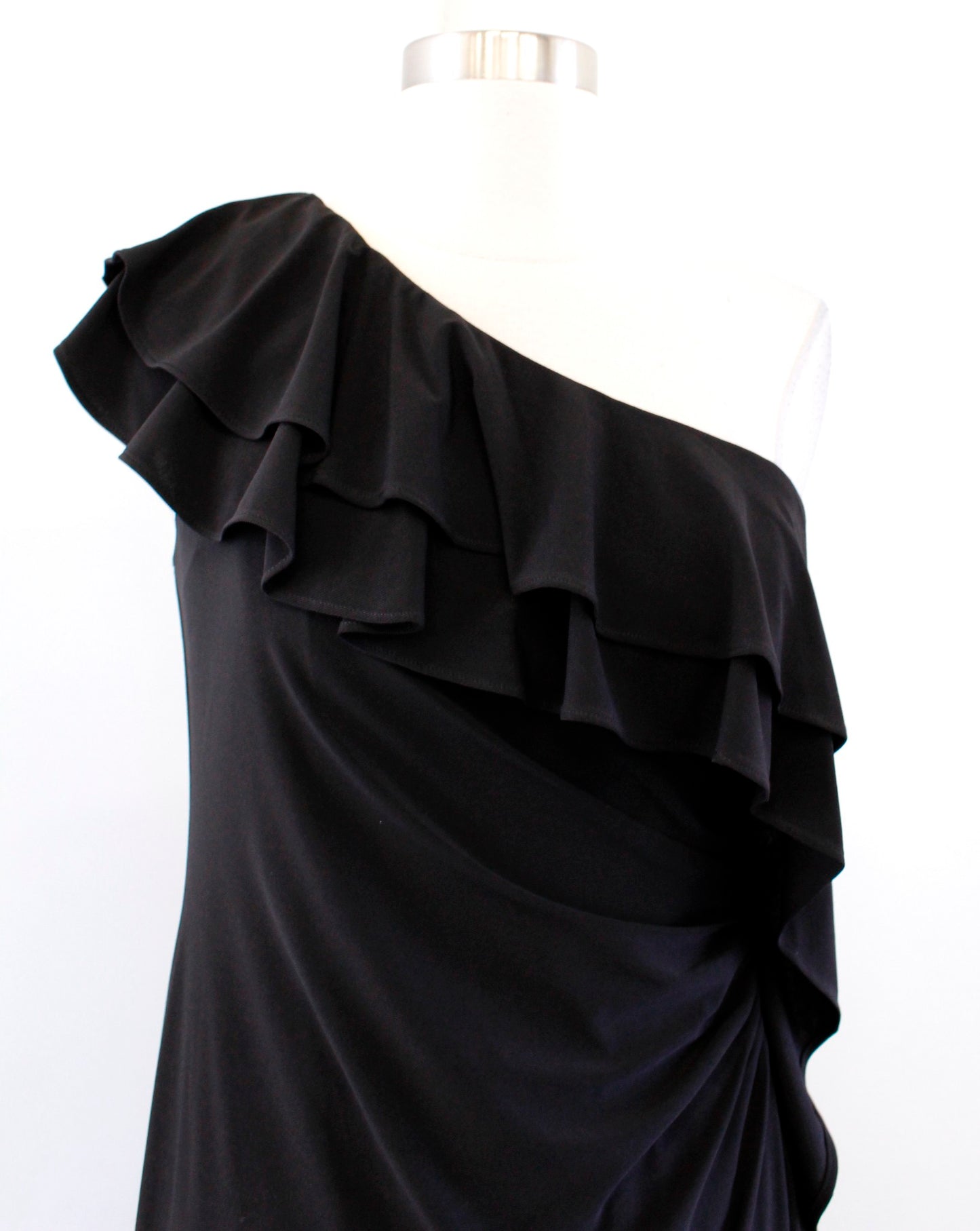 NWT Adrianna Papell Black One Shoulder Ruffle Ruched Evening Dress Formal Size 6