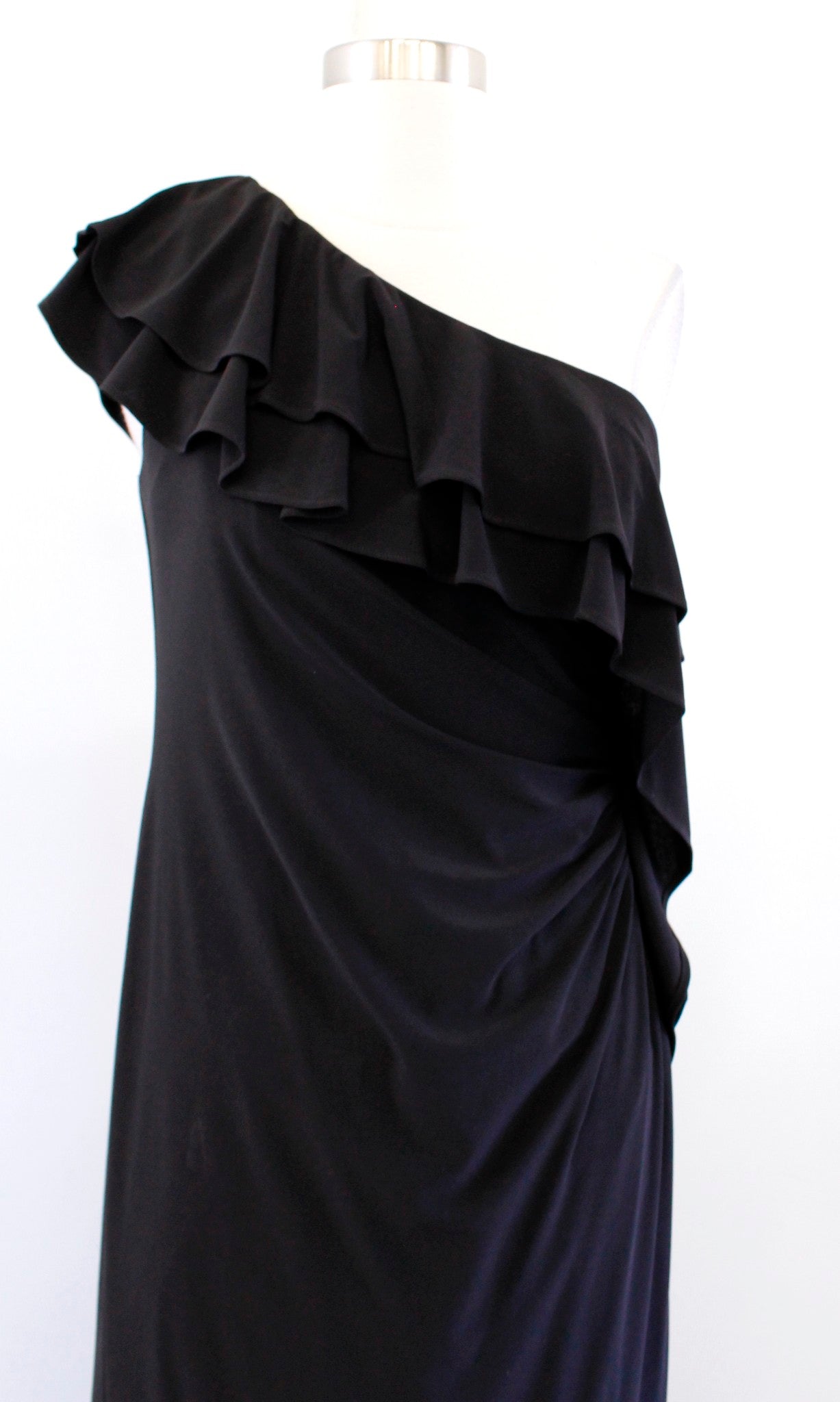 NWT Adrianna Papell Black One Shoulder Ruffle Ruched Evening Dress Formal Size 6