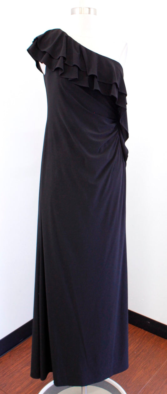 NWT Adrianna Papell Black One Shoulder Ruffle Ruched Evening Dress Formal Size 6