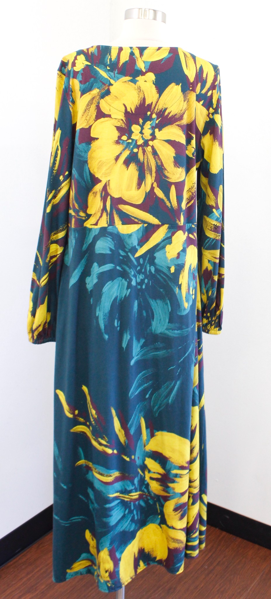 Soft Surroundings Gemma Botanical Floral Knit Maxi Dress Size L Teal Yellow