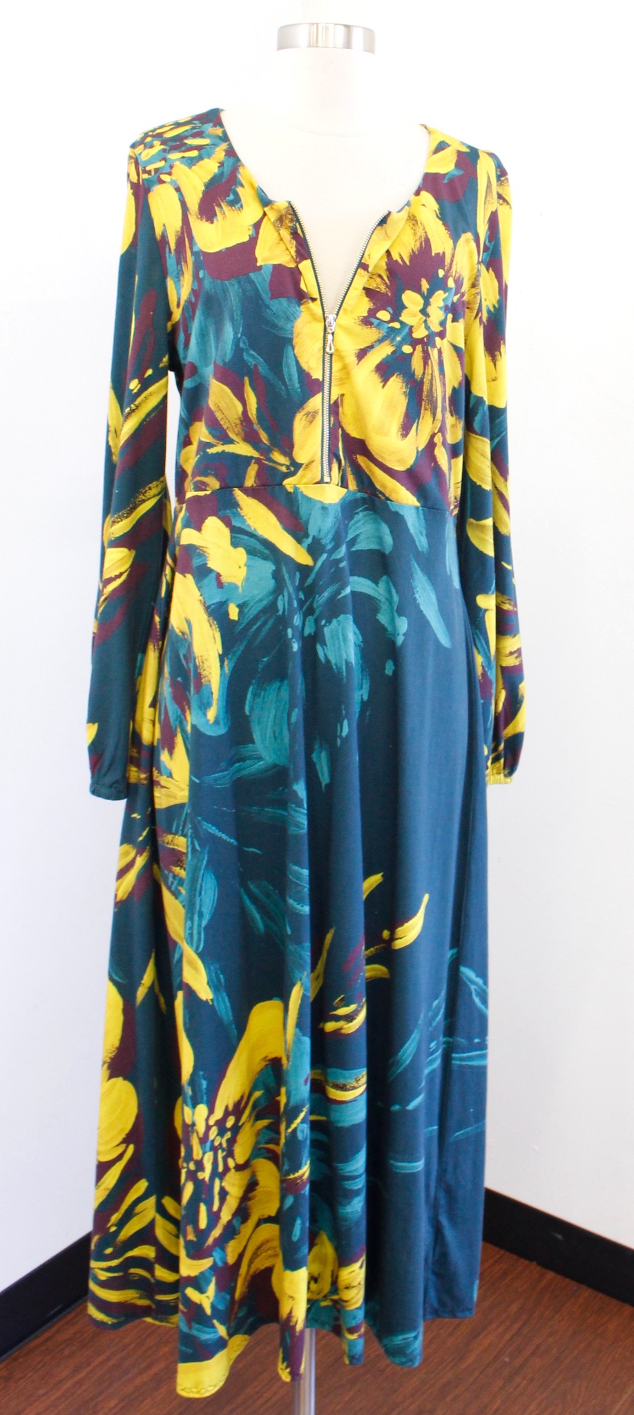 Soft Surroundings Gemma Botanical Floral Knit Maxi Dress Size L Teal Yellow