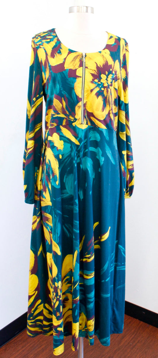 Soft Surroundings Gemma Botanical Floral Knit Maxi Dress Size L Teal Yellow