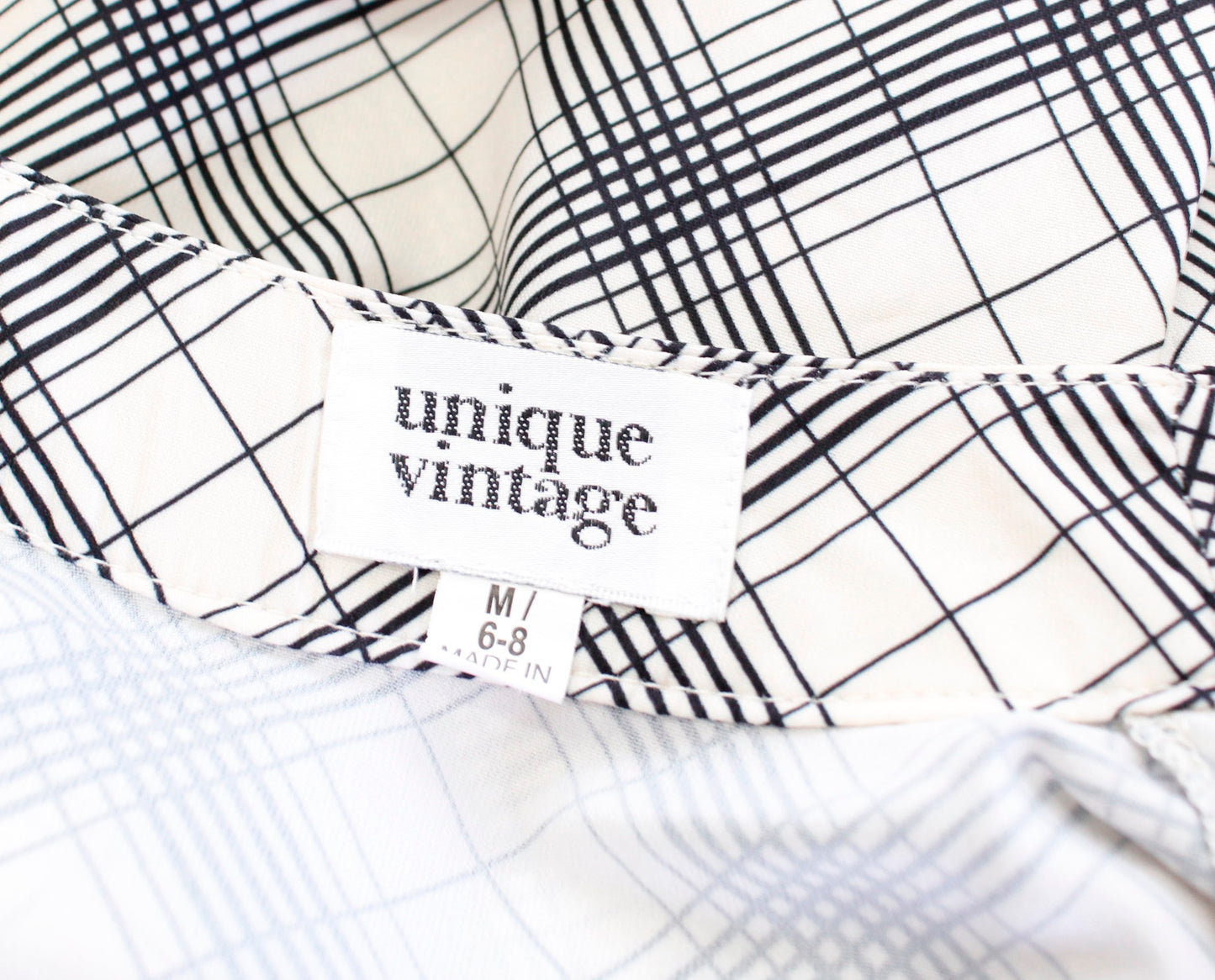 Unique Vintage Cream Black Plaid Ruffle Button Front Shirt Blouse Retro Sz M 6 8 Long Sleeve