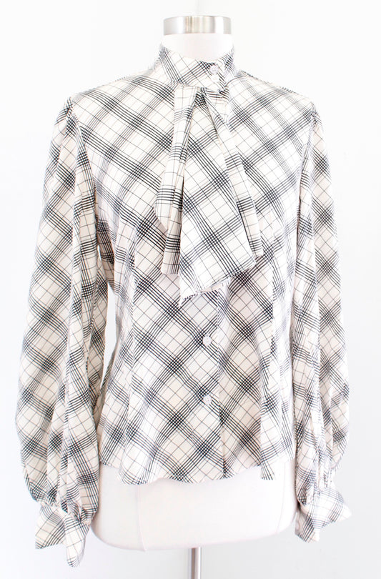 Unique Vintage Cream Black Plaid Ruffle Button Front Shirt Blouse Retro Sz M 6 8 Long Sleeve