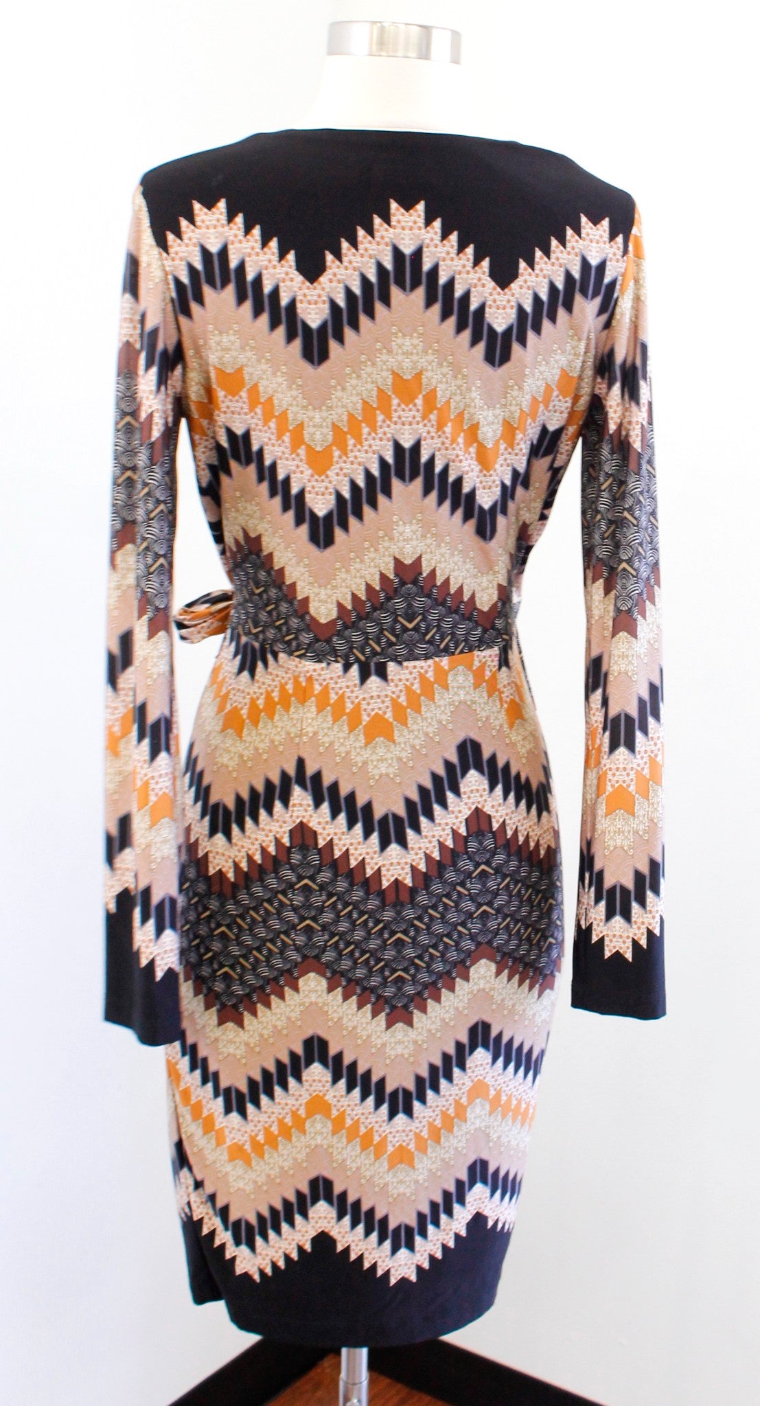 Cache Black Multi Color Geometric Chevron Print Jersey Wrap Dress Size S