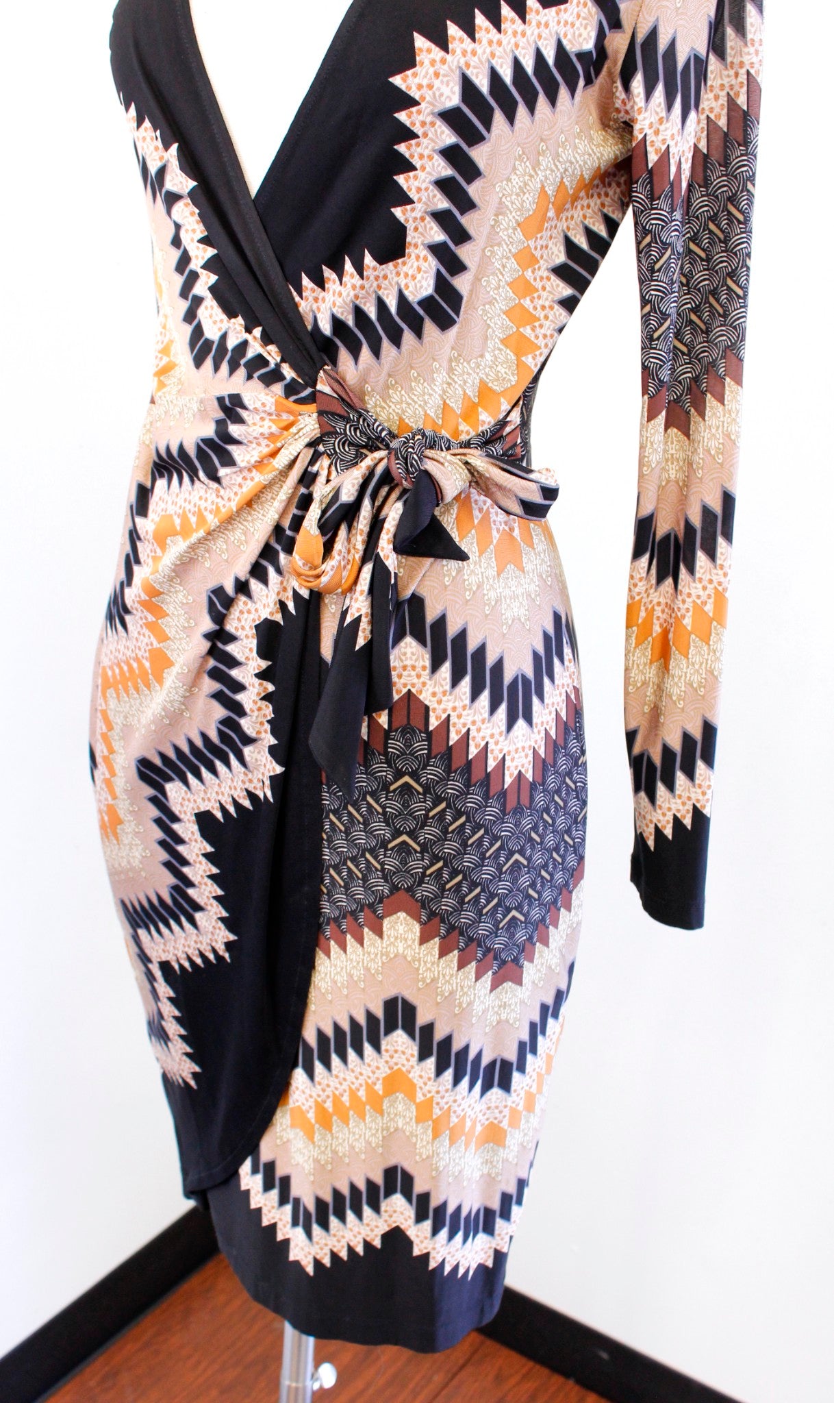 Cache Black Multi Color Geometric Chevron Print Jersey Wrap Dress Size S
