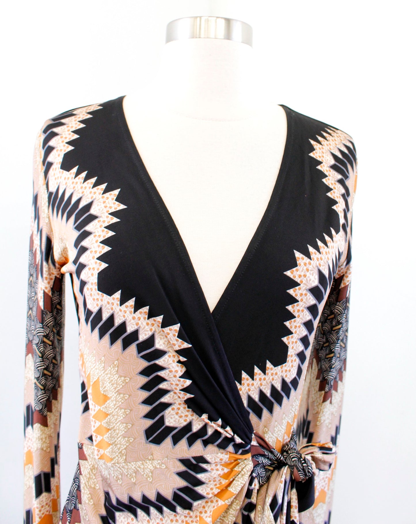 Cache Black Multi Color Geometric Chevron Print Jersey Wrap Dress Size S