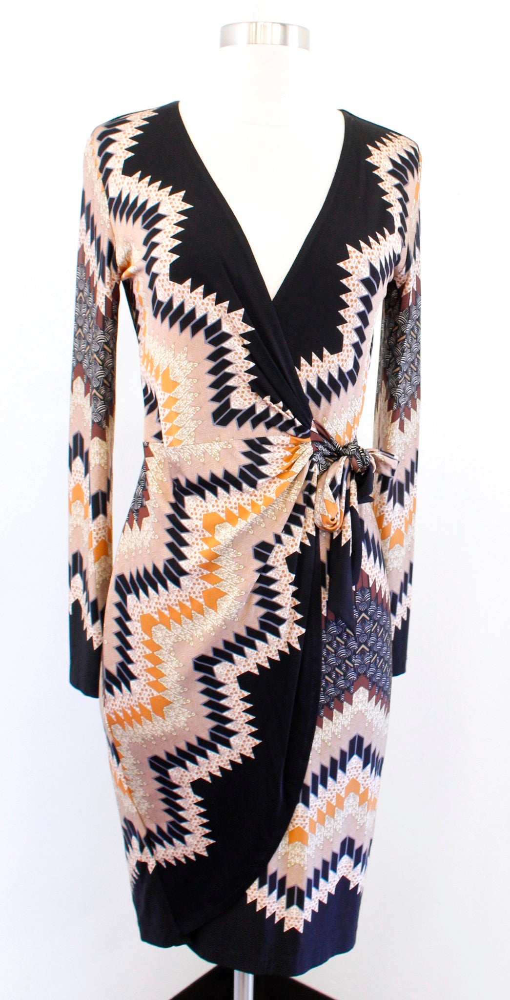 Cache Black Multi Color Geometric Chevron Print Jersey Wrap Dress Size S