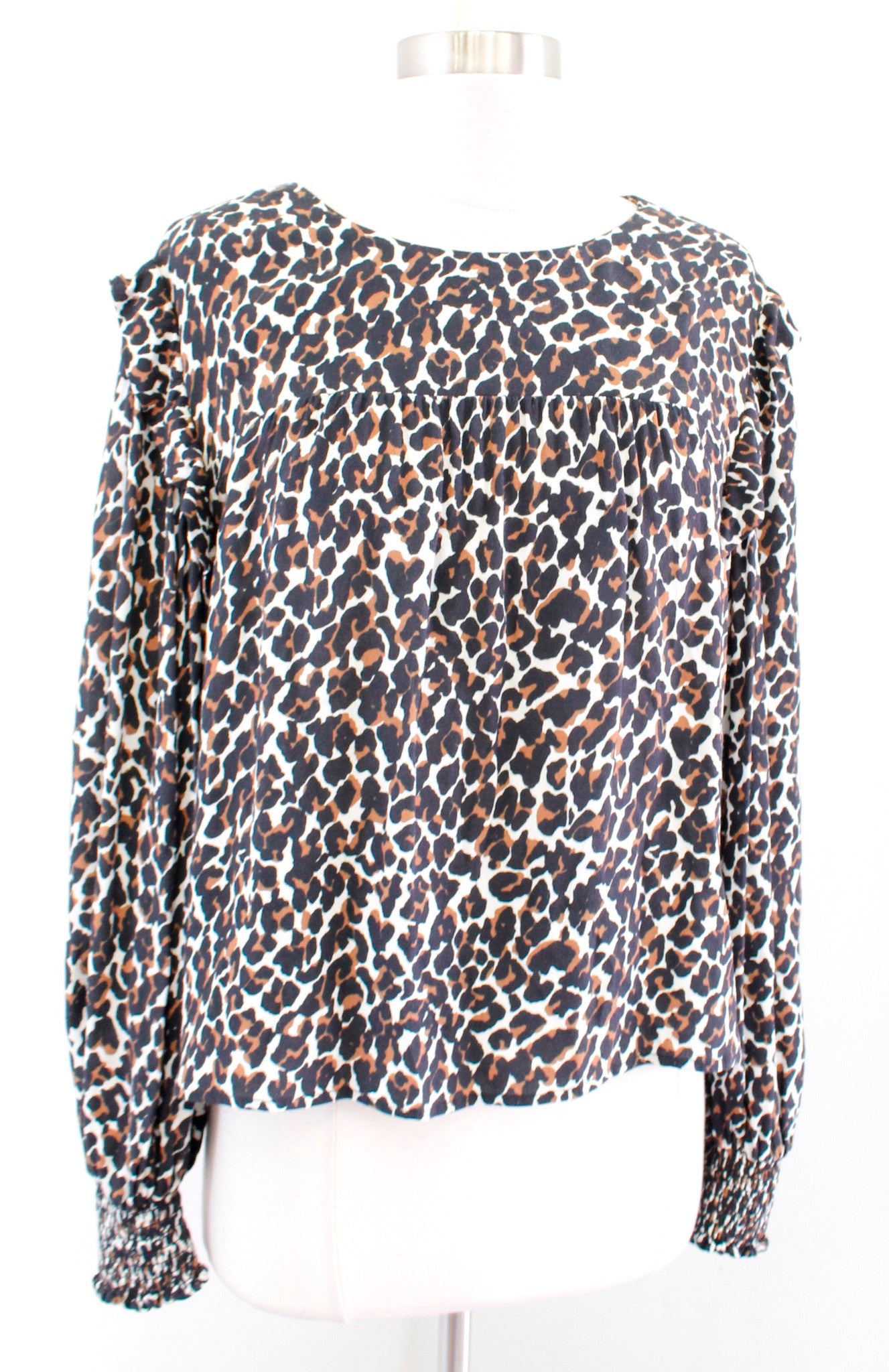 Rebecca Minkoff Leopard Print Ruffle Smocked Cuff Top Blouse Size M Brown Black