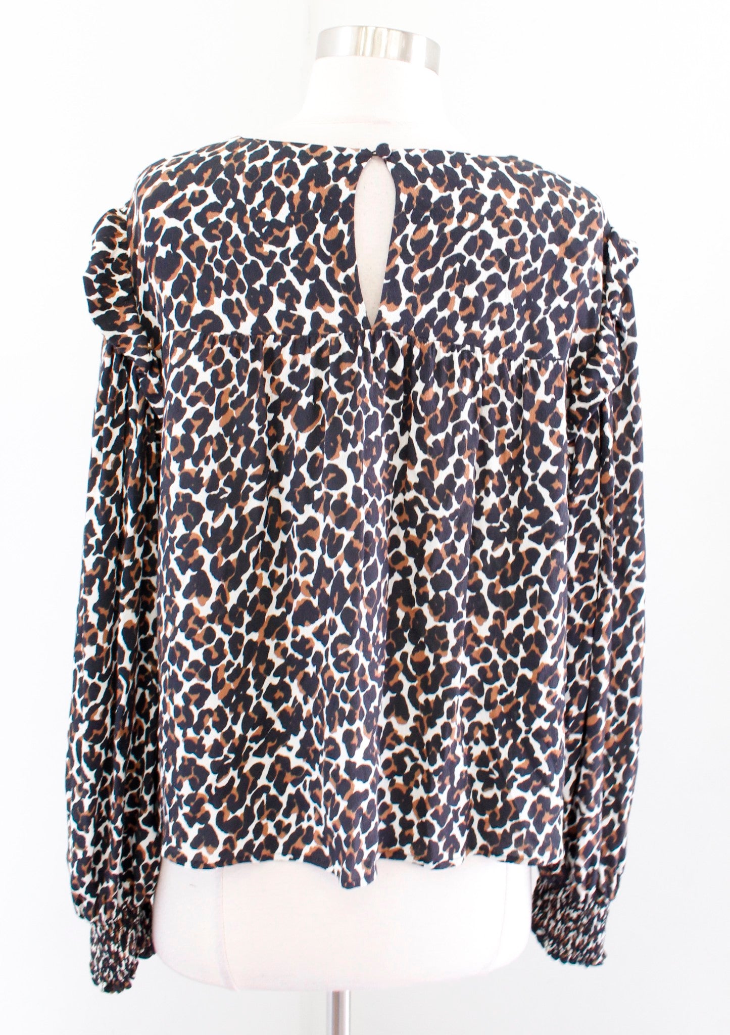 Rebecca Minkoff Leopard Print Ruffle Smocked Cuff Top Blouse Size M Brown Black