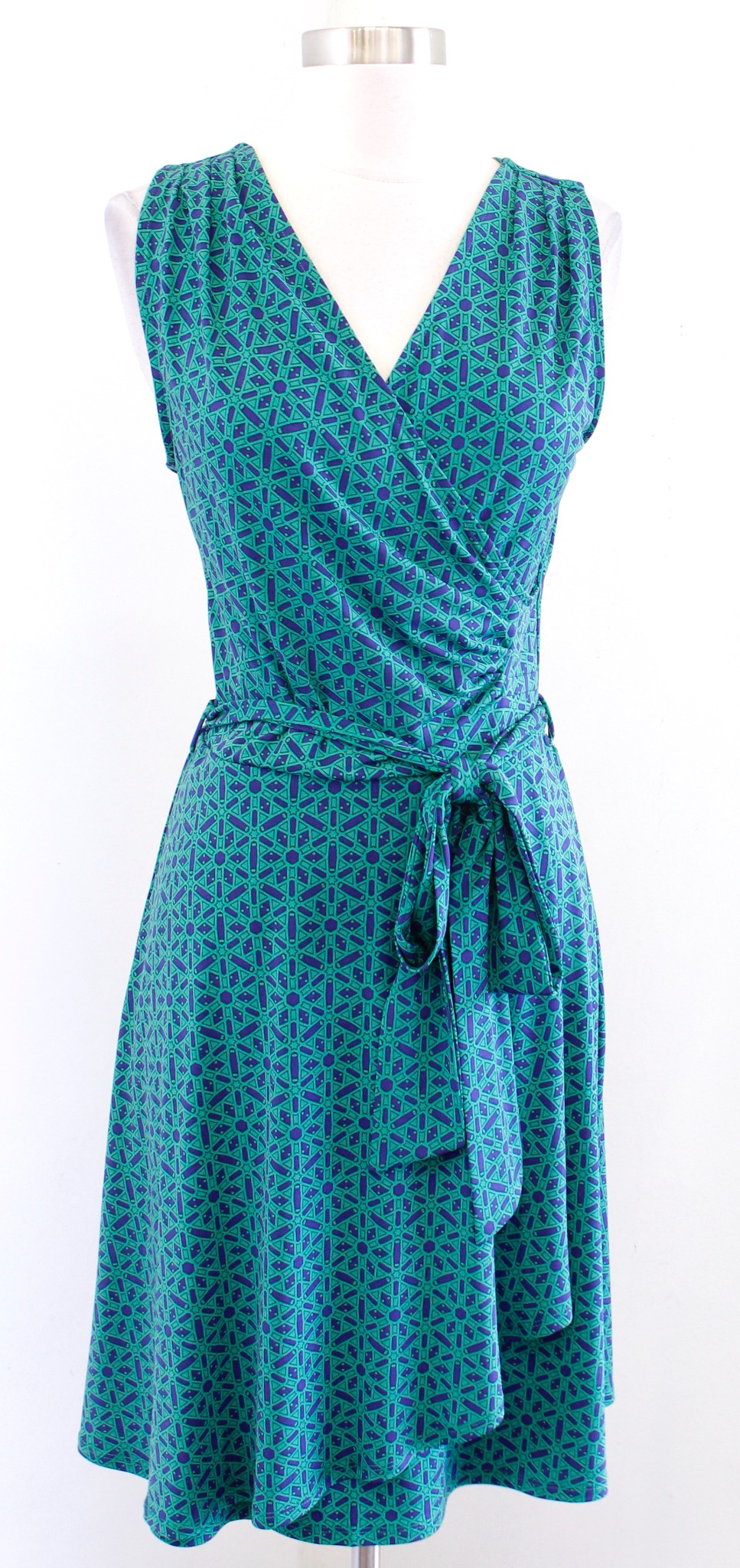 NWT 41 Hawthorn Stitch Fix Green Navy Blue Star Geometric Faux Wrap Dress Sz S