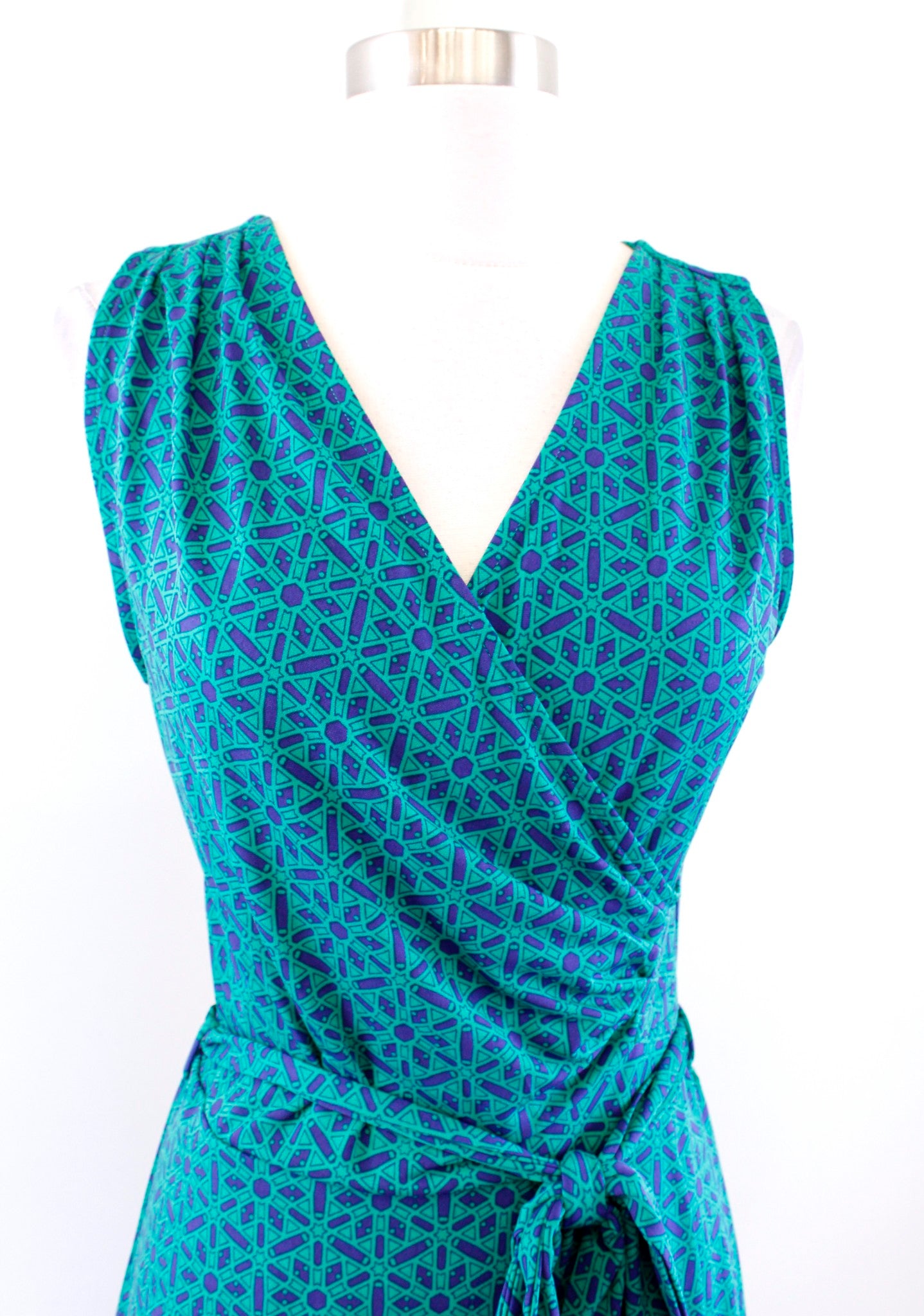 NWT 41 Hawthorn Stitch Fix Green Navy Blue Star Geometric Faux Wrap Dress Sz S