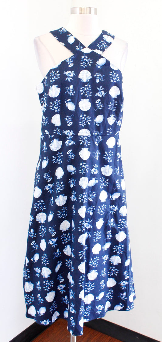 NWT Ann Taylor Navy Blue Seashell Print Halter Midi Flared Dress Size 8 Linen