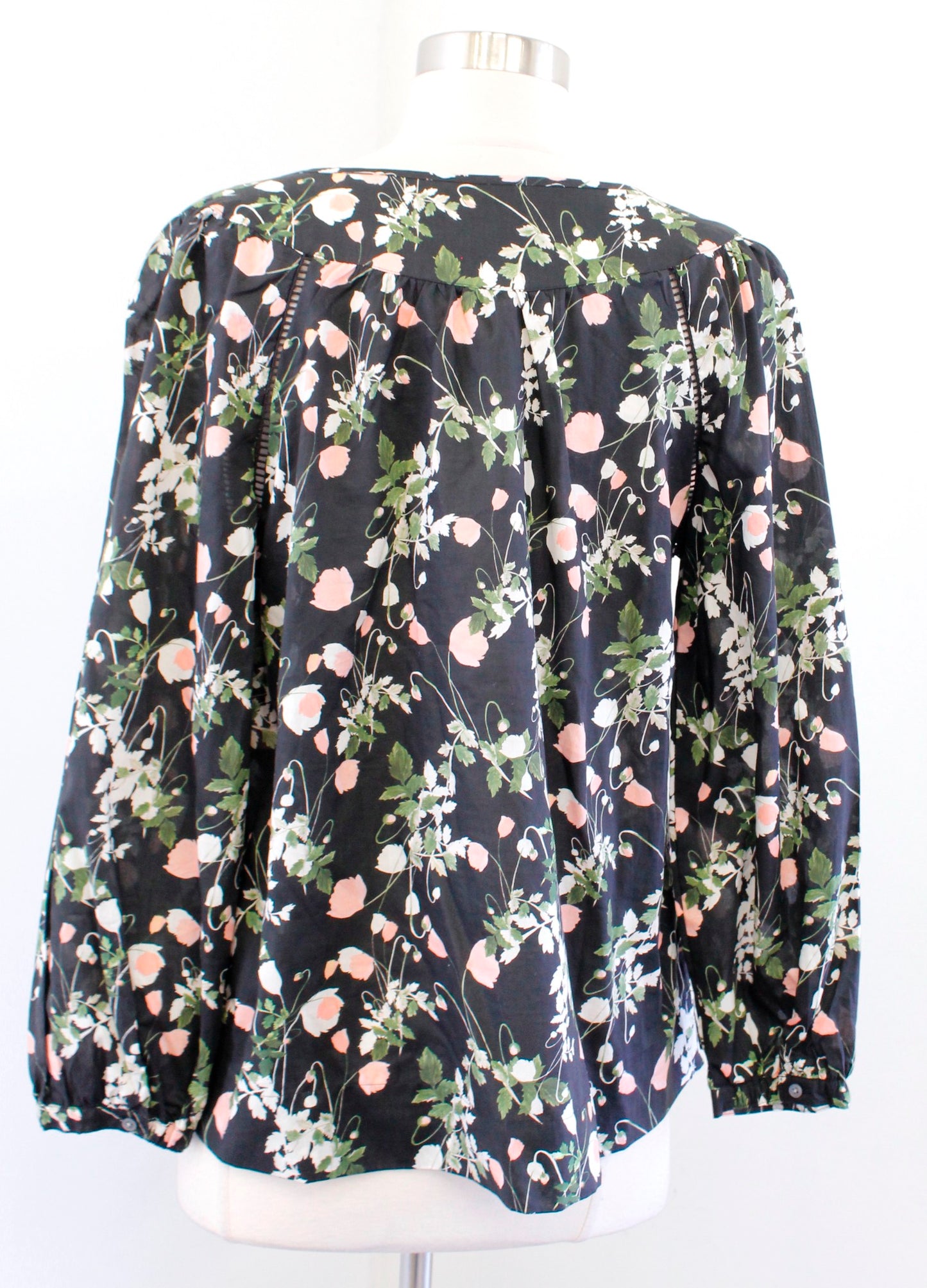 J Crew Liberty London Art Poppy Dreams Black Floral Tie Neck Top Blouse Size XS