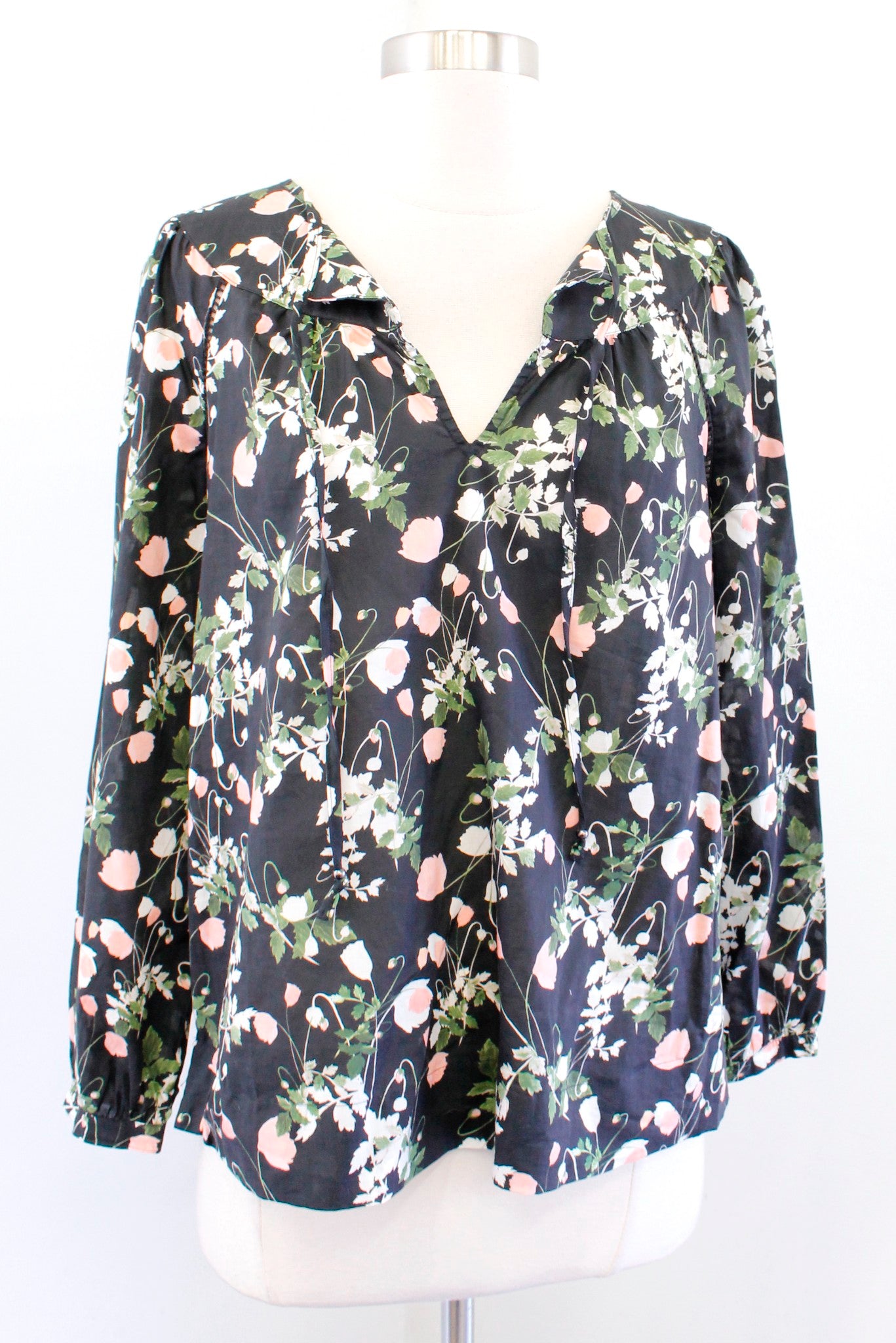 J Crew Liberty London Art Poppy Dreams Black Floral Tie Neck Top Blouse Size XS