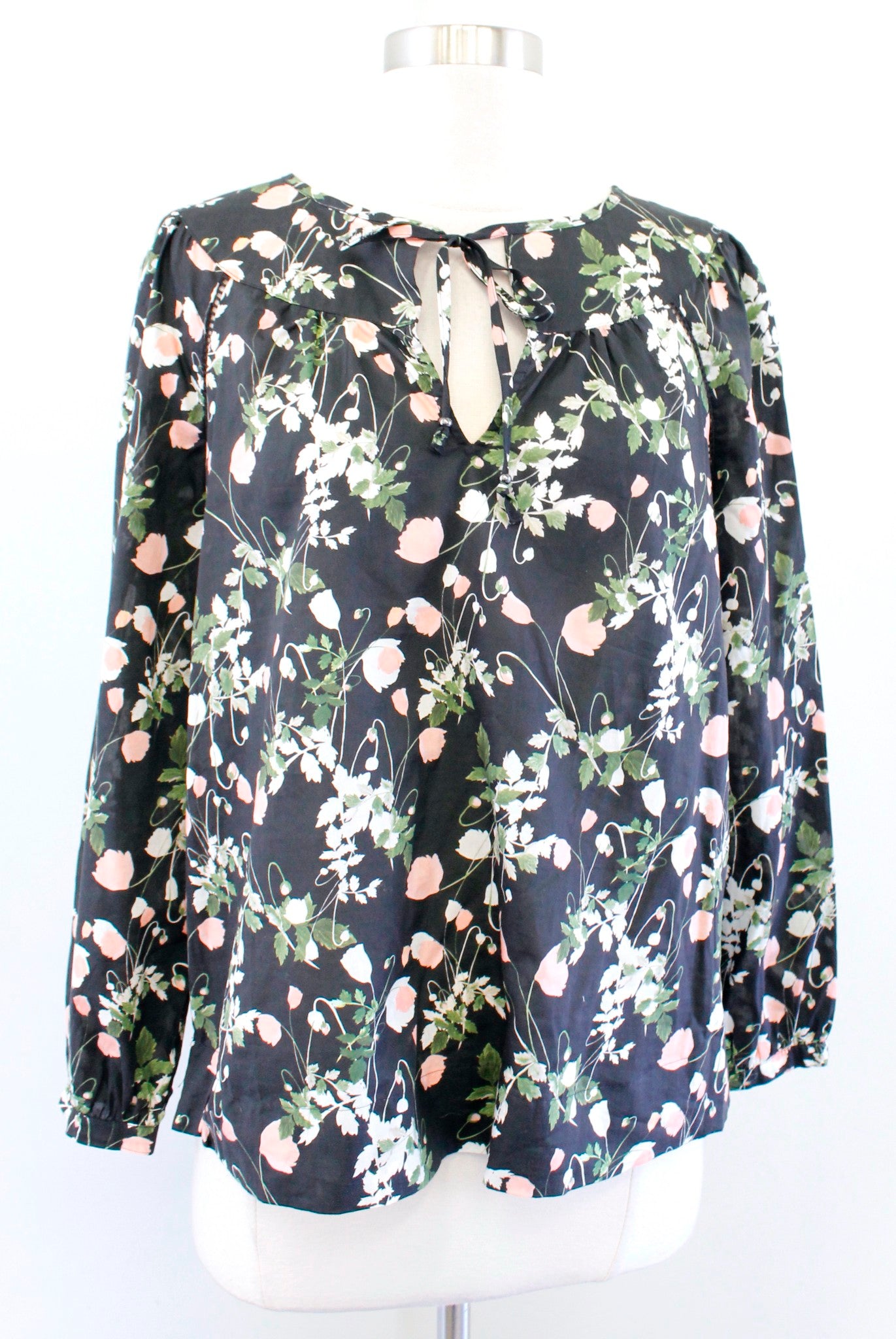 J Crew Liberty London Art Poppy Dreams Black Floral Tie Neck Top Blouse Size XS