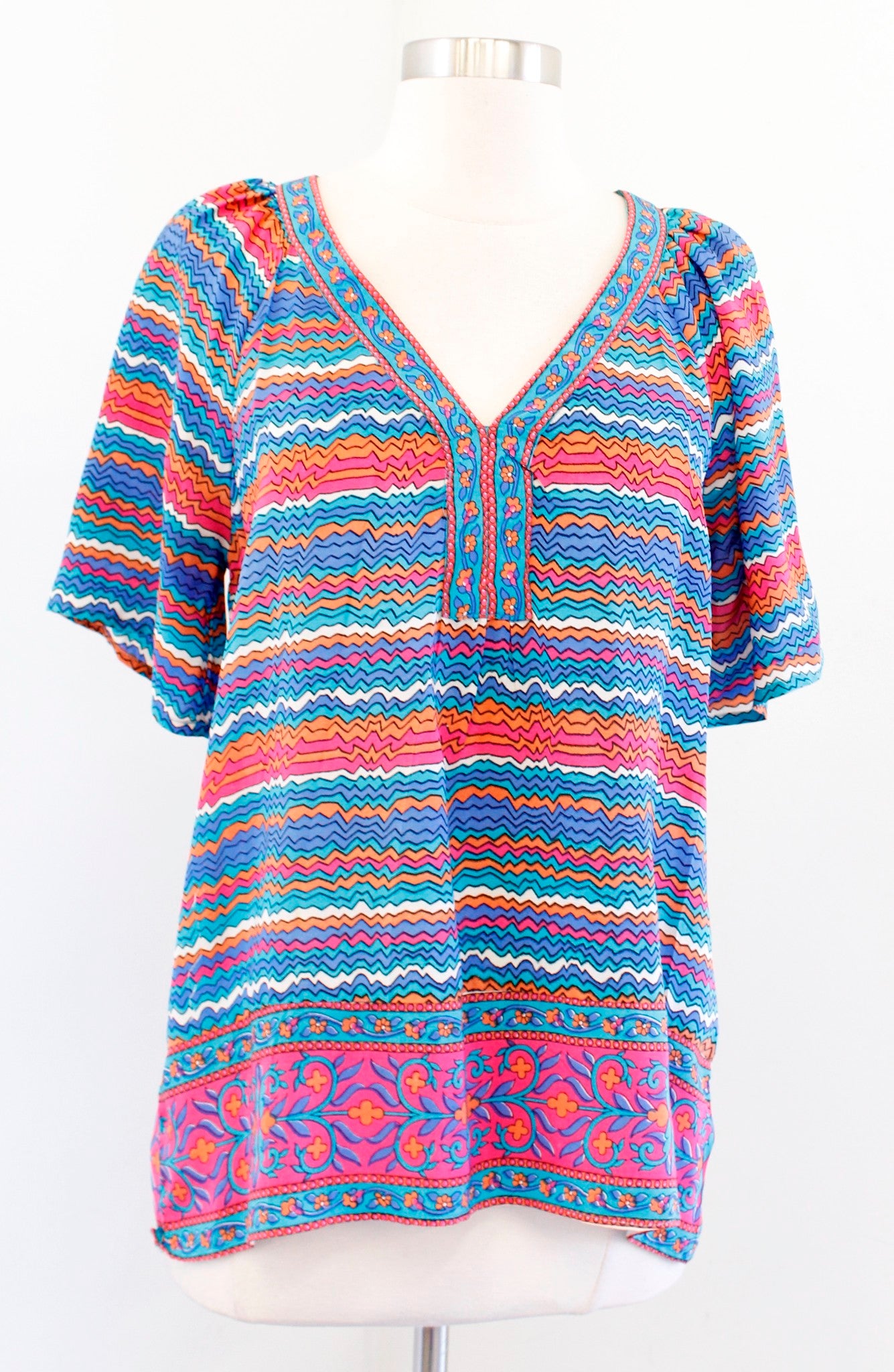 Tolani Anthropologie Colorful Floral Striped V Neck Silk Top Blouse Size S Blue Short Sleeve