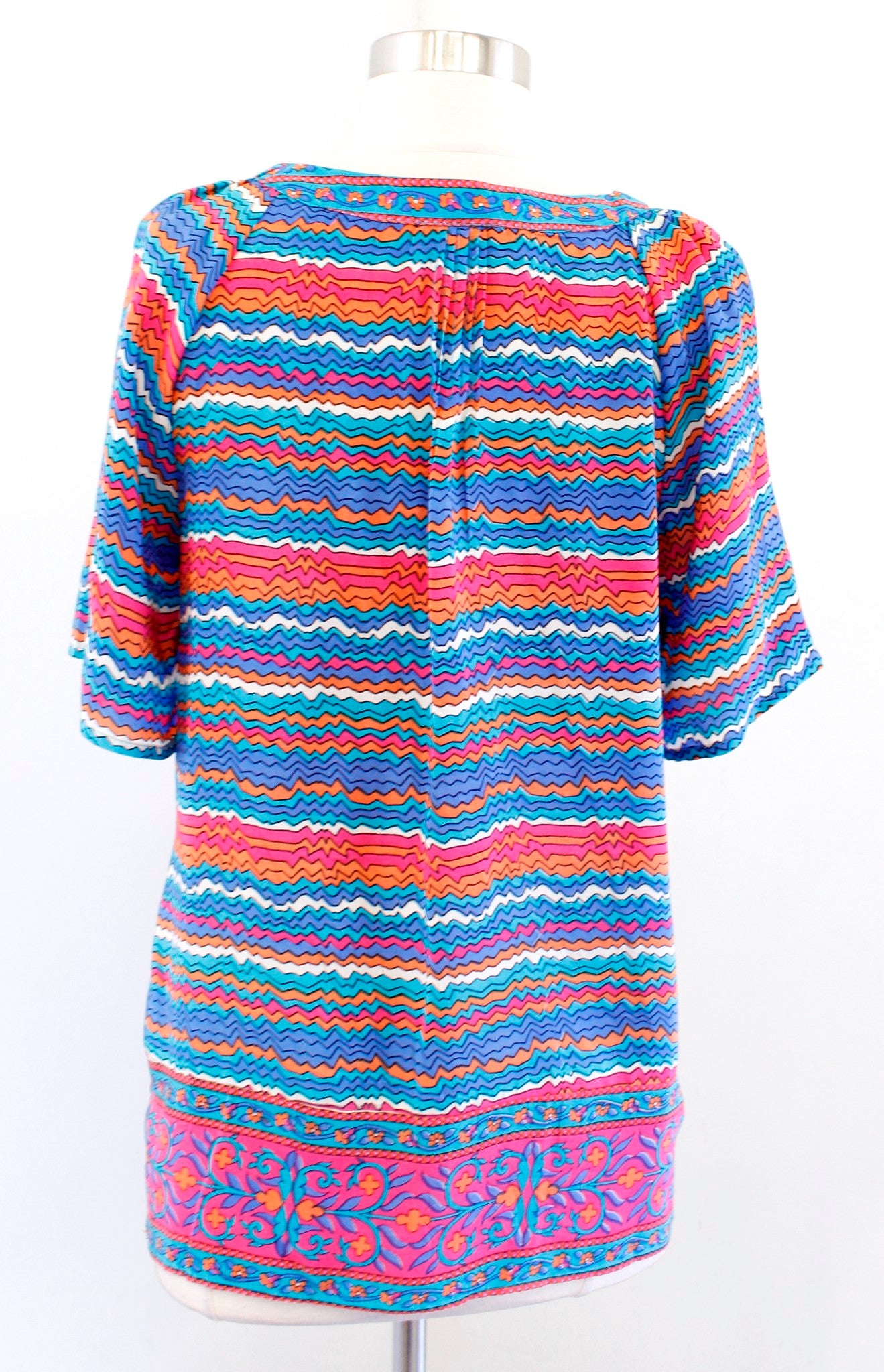 Tolani Anthropologie Colorful Floral Striped V Neck Silk Top Blouse Size S Blue Short Sleeve