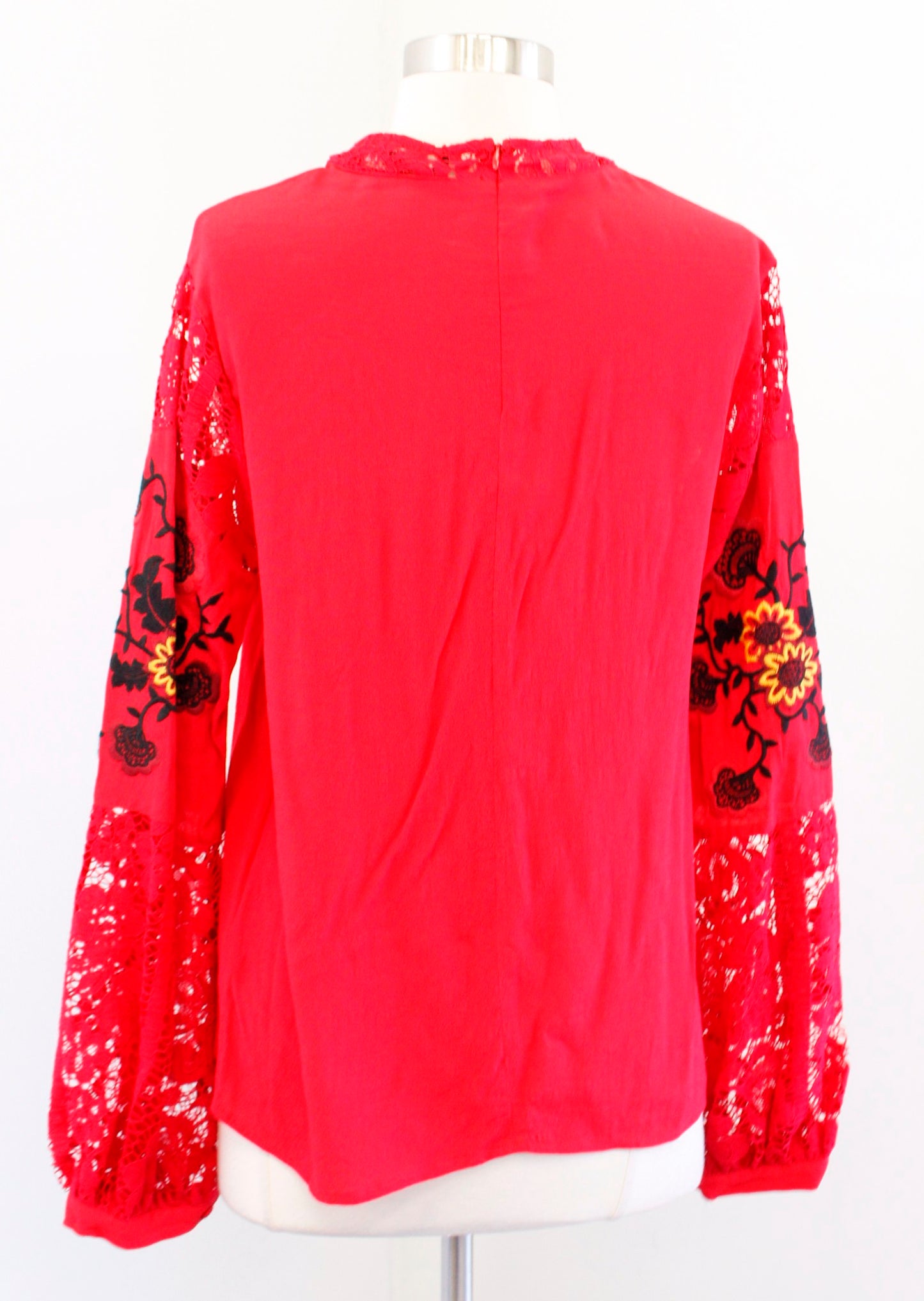 For Love and Lemons Red Floral Embroidered Lace Sleeve Top Blouse Size M Black Long Sleeve