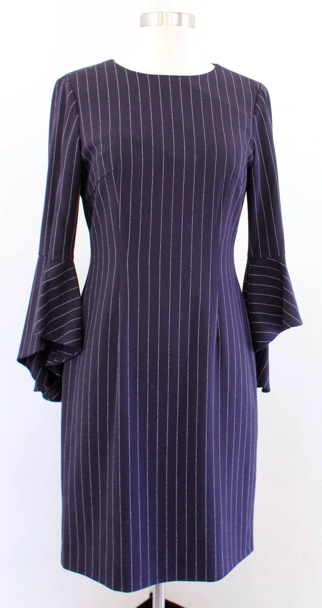 Tahari ASL Levine Navy Blue Pinstripe Flared Bell Sleeve Sheath Dress Size 4