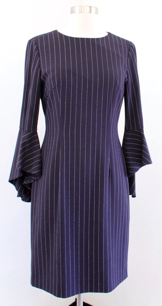 Tahari ASL Levine Navy Blue Pinstripe Flared Bell Sleeve Sheath Dress Size 4