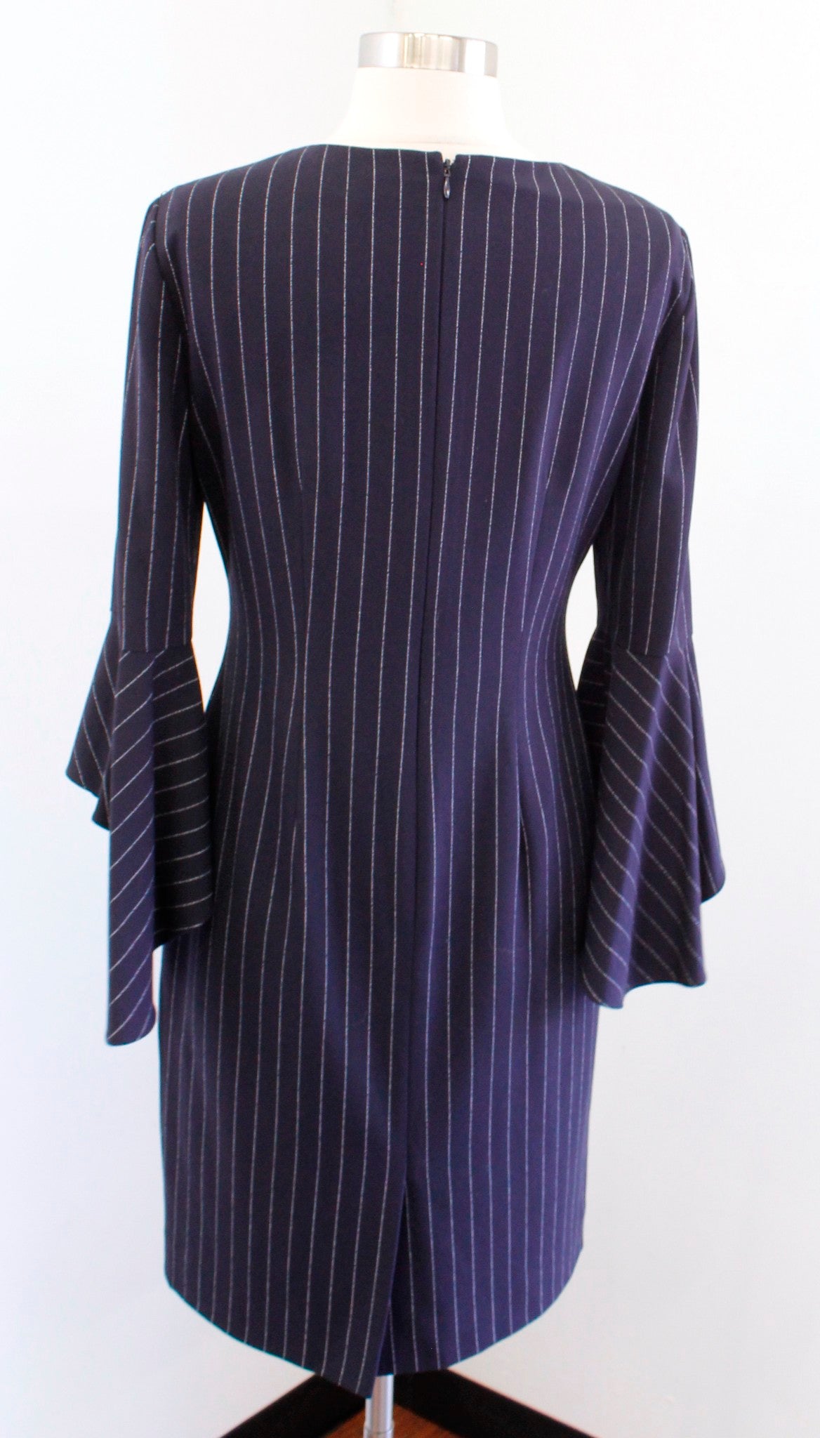 Tahari ASL Levine Navy Blue Pinstripe Flared Bell Sleeve Sheath Dress Size 4
