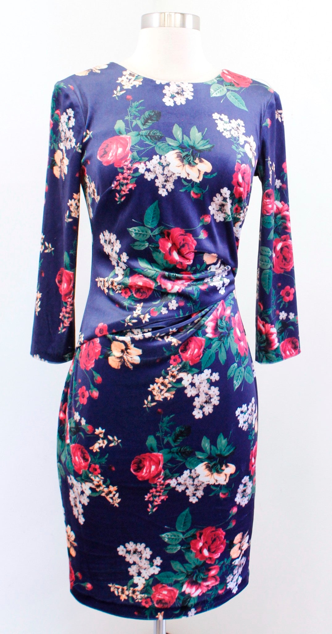 Vince Camuto Blue Garden Floral Print Ruched Velvet Sheath Dress Size 2