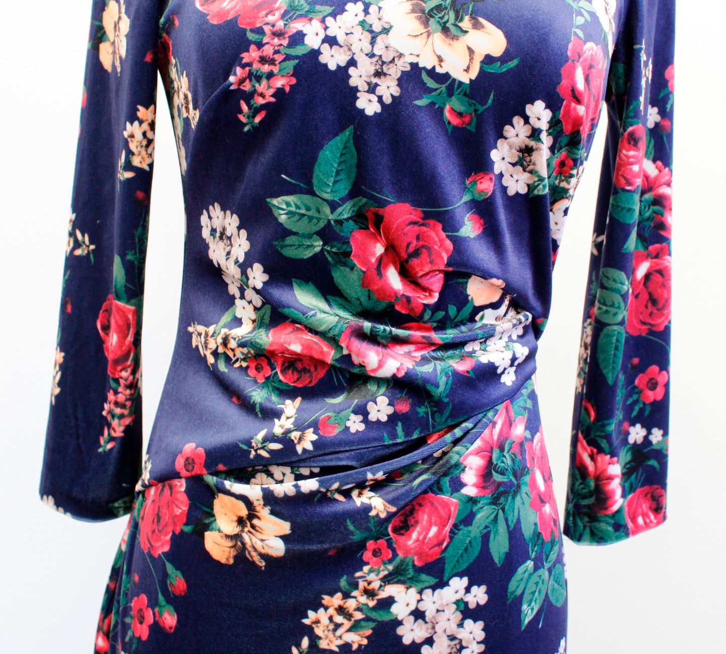 Vince Camuto Blue Garden Floral Print Ruched Velvet Sheath Dress Size 2