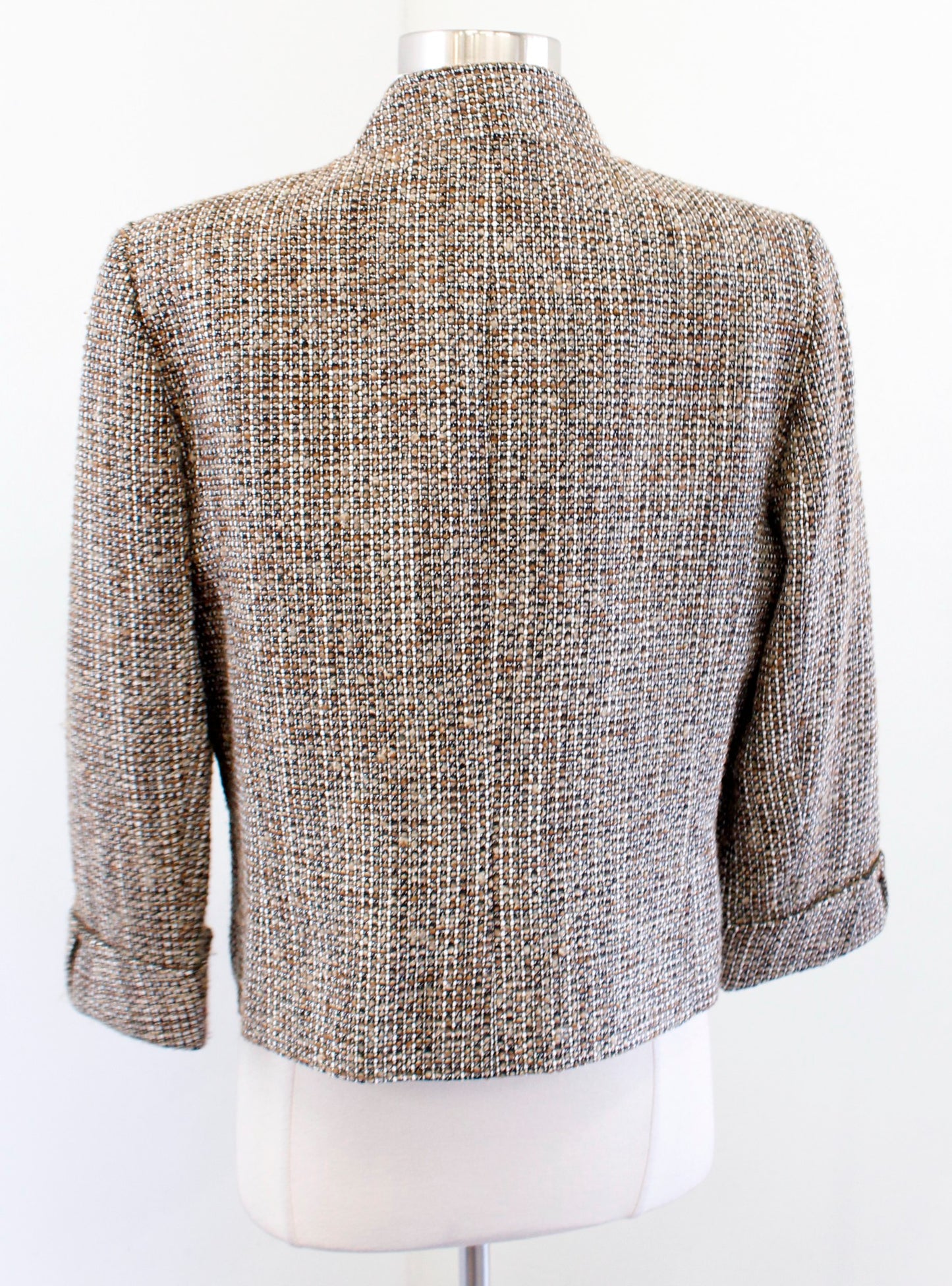 Tahari ASL Levine Tan Brown Tweed Fringe Open Front Blazer Jacket Size 10