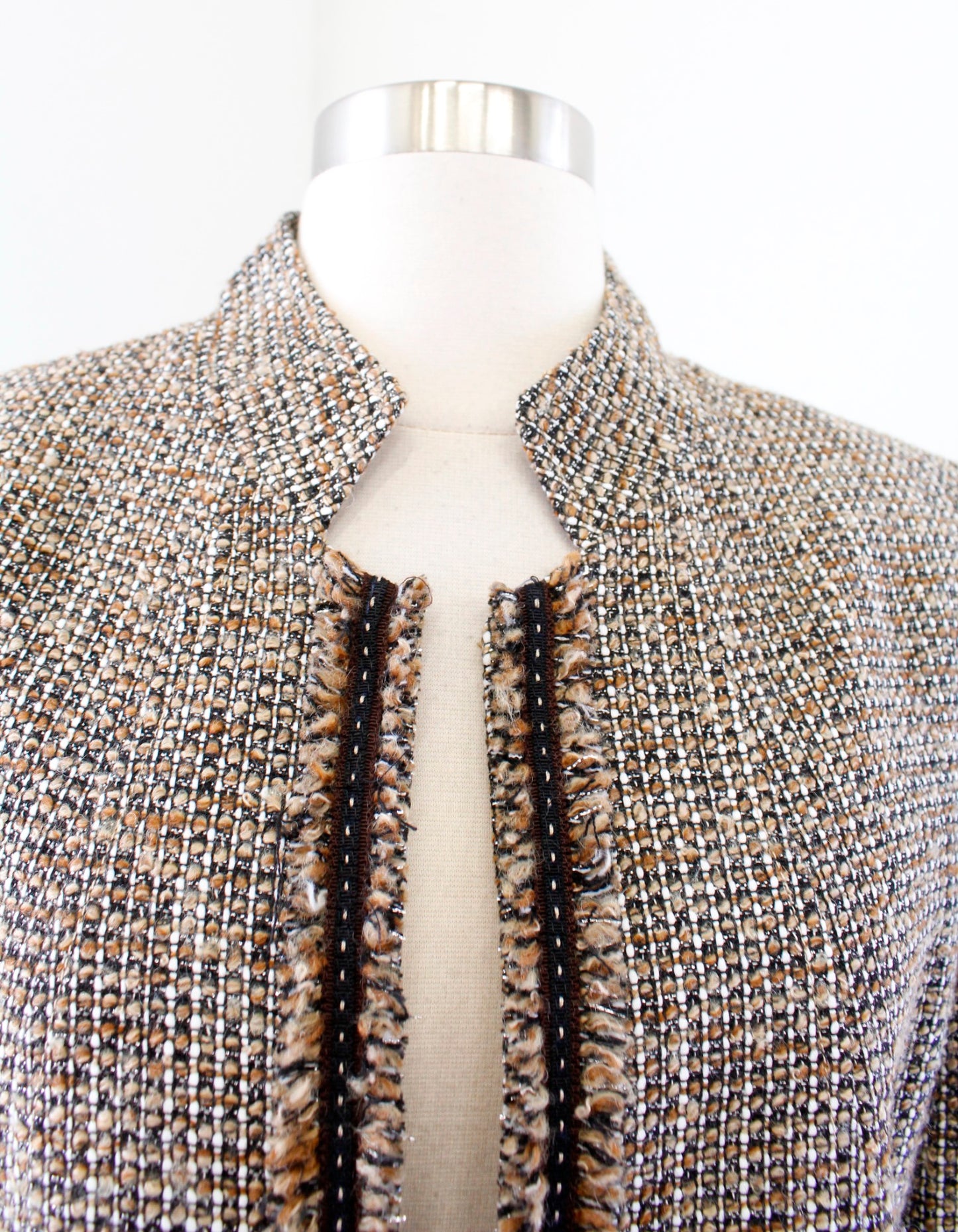 Tahari ASL Levine Tan Brown Tweed Fringe Open Front Blazer Jacket Size 10