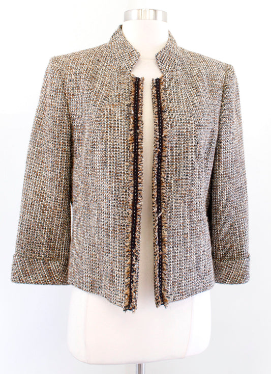 Tahari ASL Levine Tan Brown Tweed Fringe Open Front Blazer Jacket Size 10