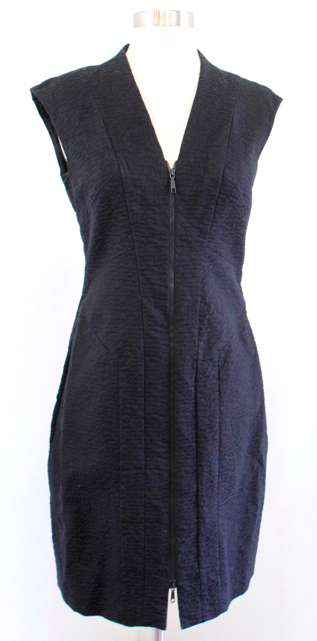 Lafayette 148 New York Black Crinkle Textured Zip Front Sheath Dress Size 2
