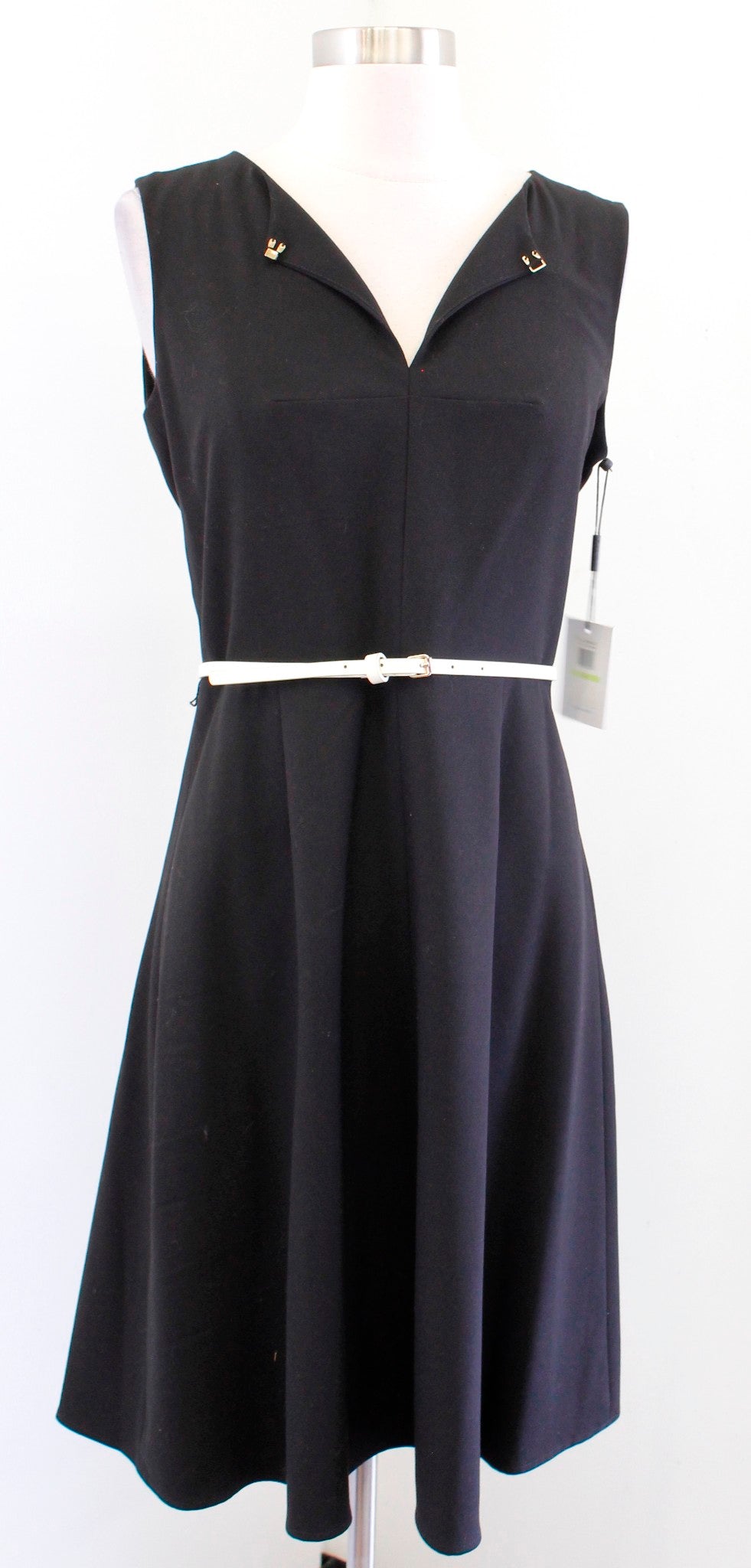 NWT Calvin Klein Black Cream Belted A Line Flared Dress Size 4 Career Office