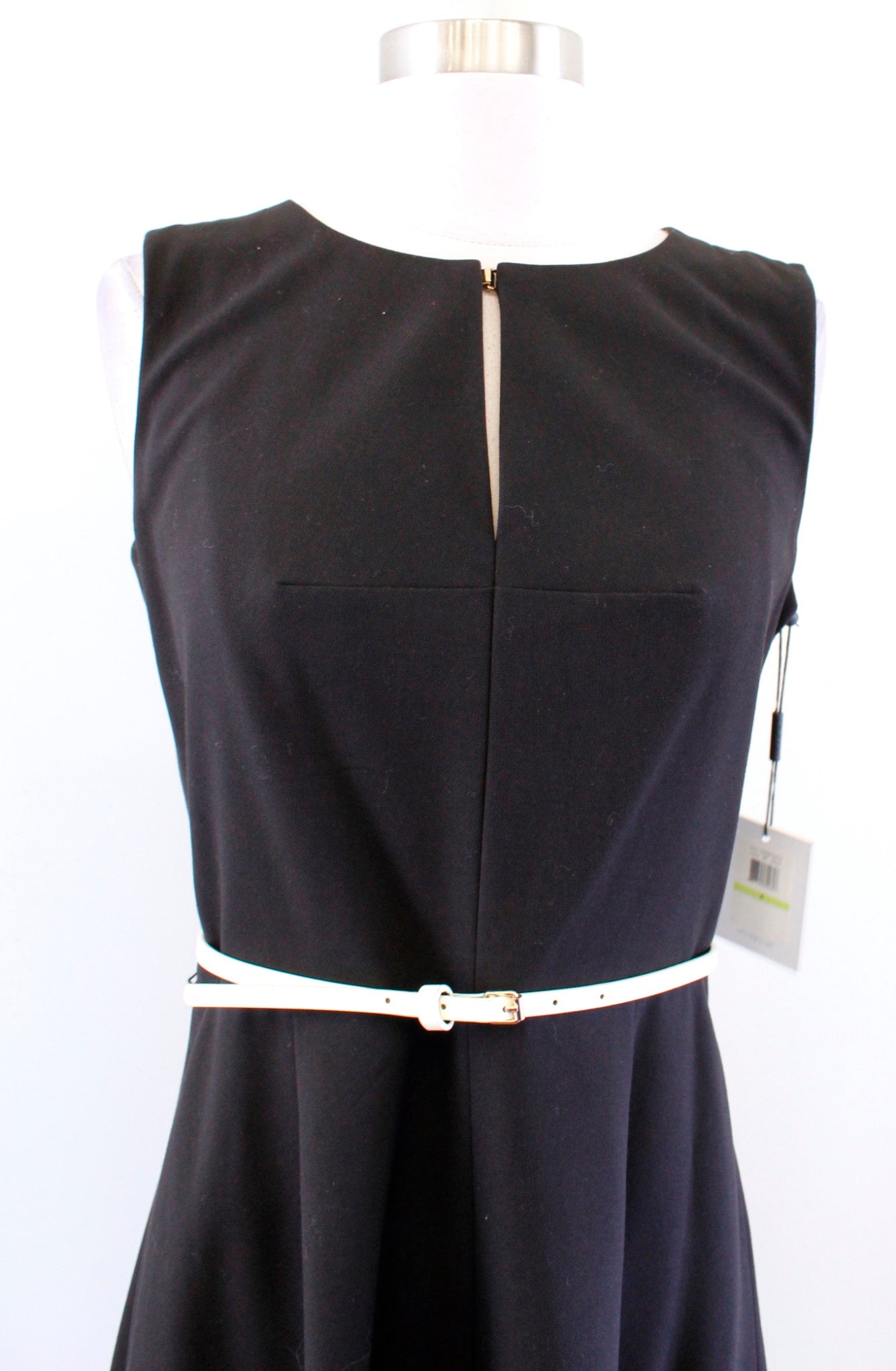 NWT Calvin Klein Black Cream Belted A Line Flared Dress Size 4 Career Office