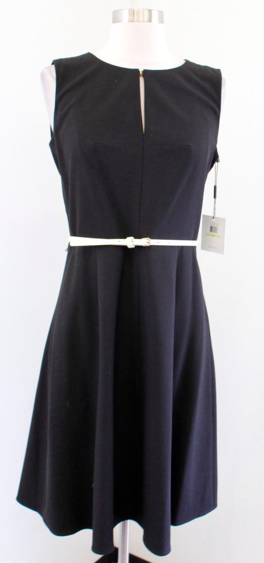 NWT Calvin Klein Black Cream Belted A Line Flared Dress Size 4 Career Office