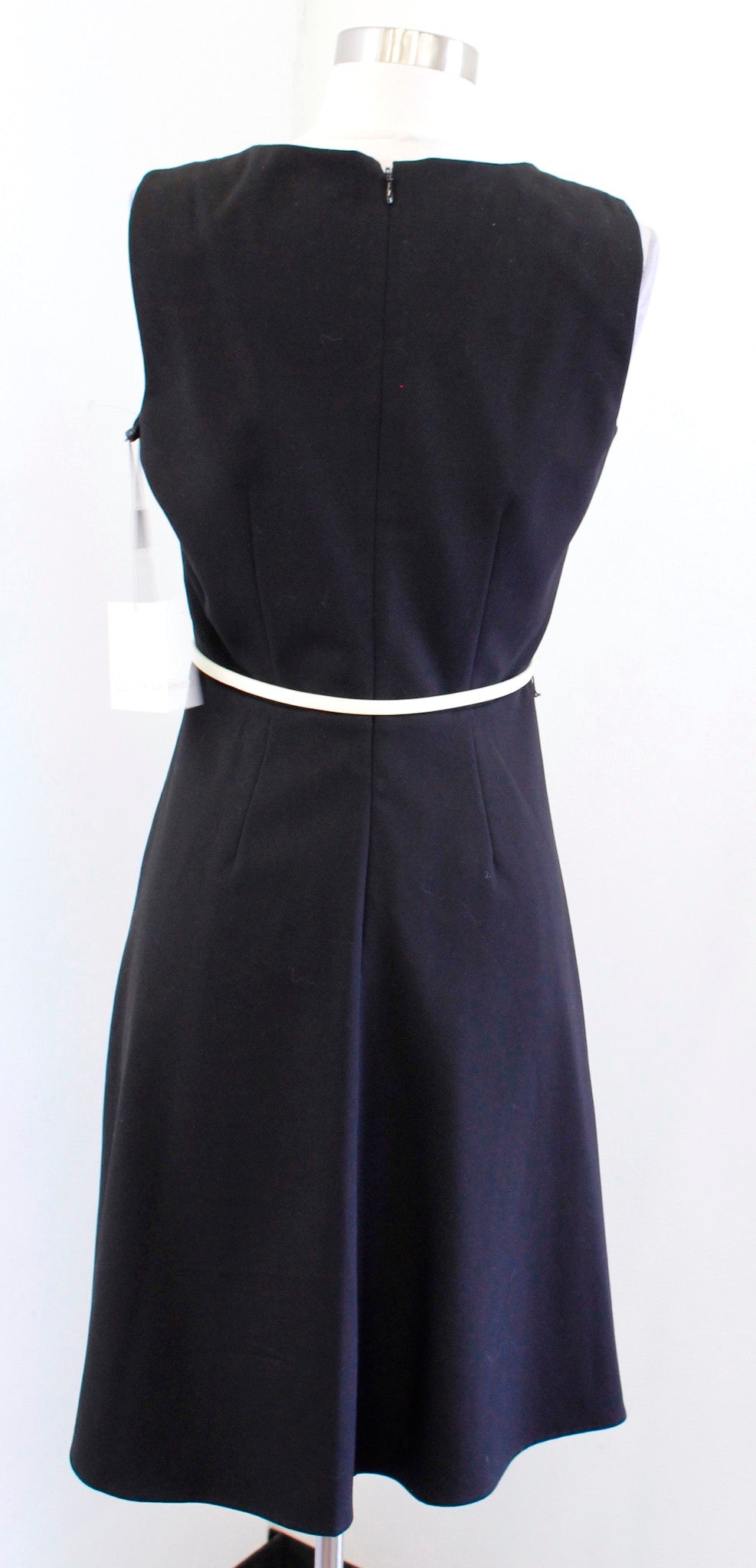 NWT Calvin Klein Black Cream Belted A Line Flared Dress Size 4 Career Office