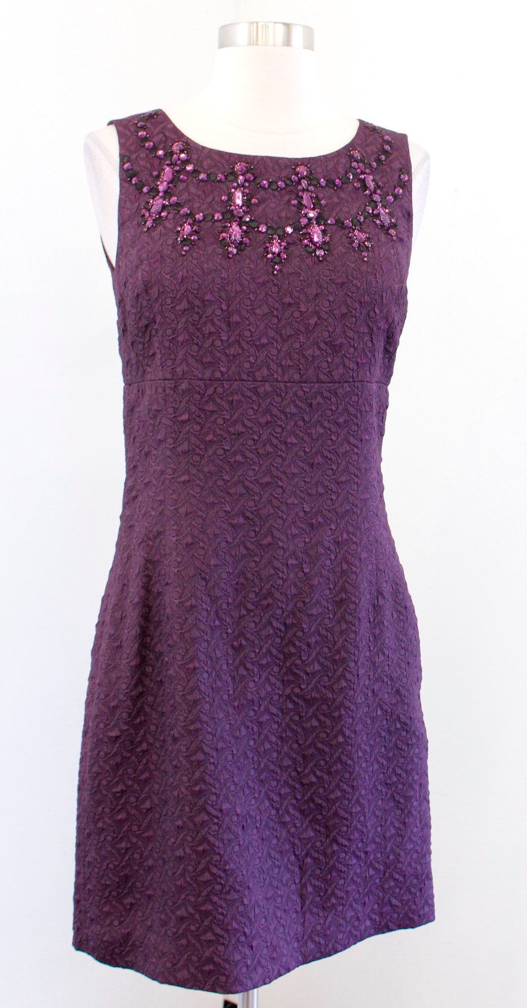 Tahari ASL Levine Purple Textured Beaded Embellished Sheath Dress Cocktail Sz 6