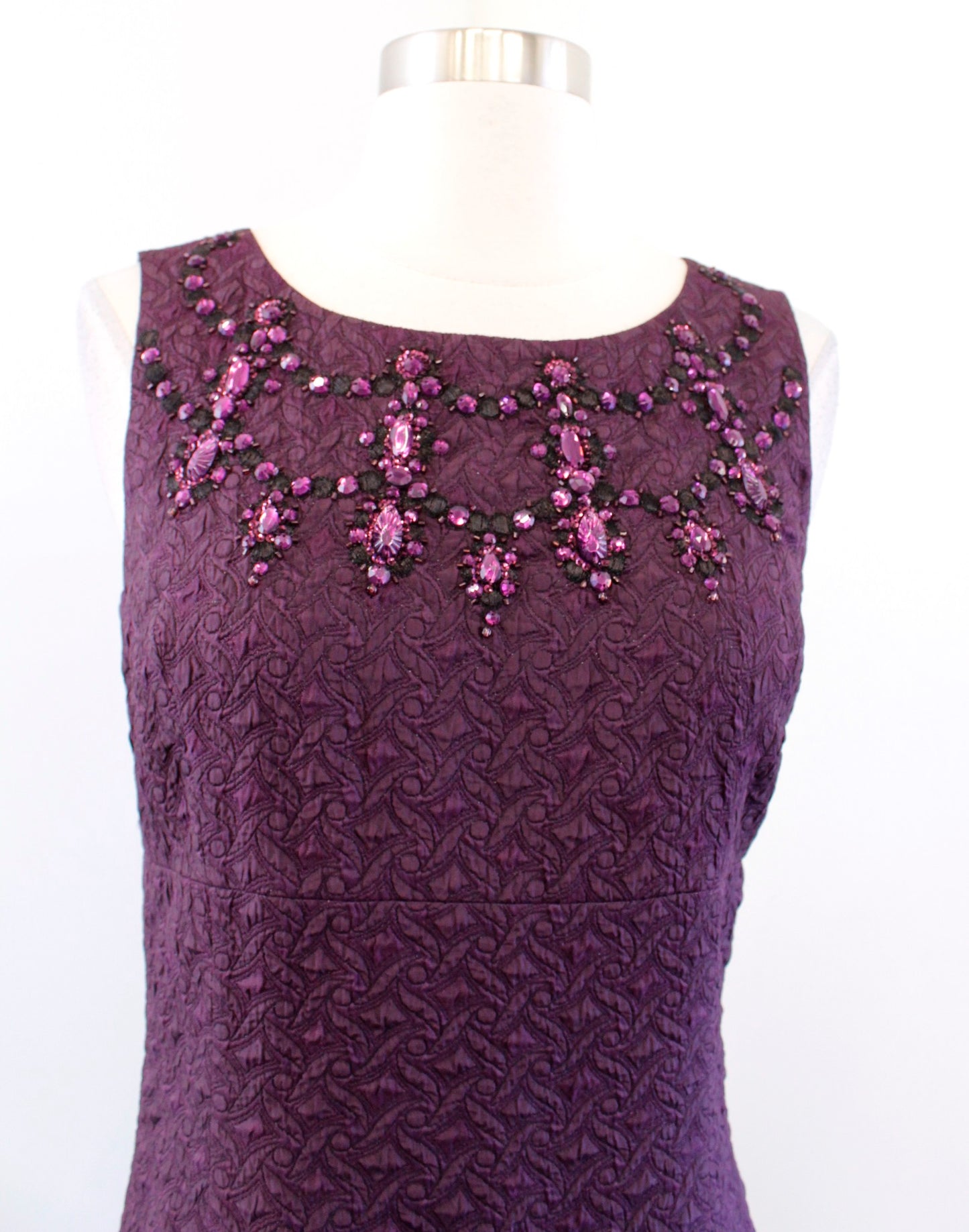 Tahari ASL Levine Purple Textured Beaded Embellished Sheath Dress Cocktail Sz 6