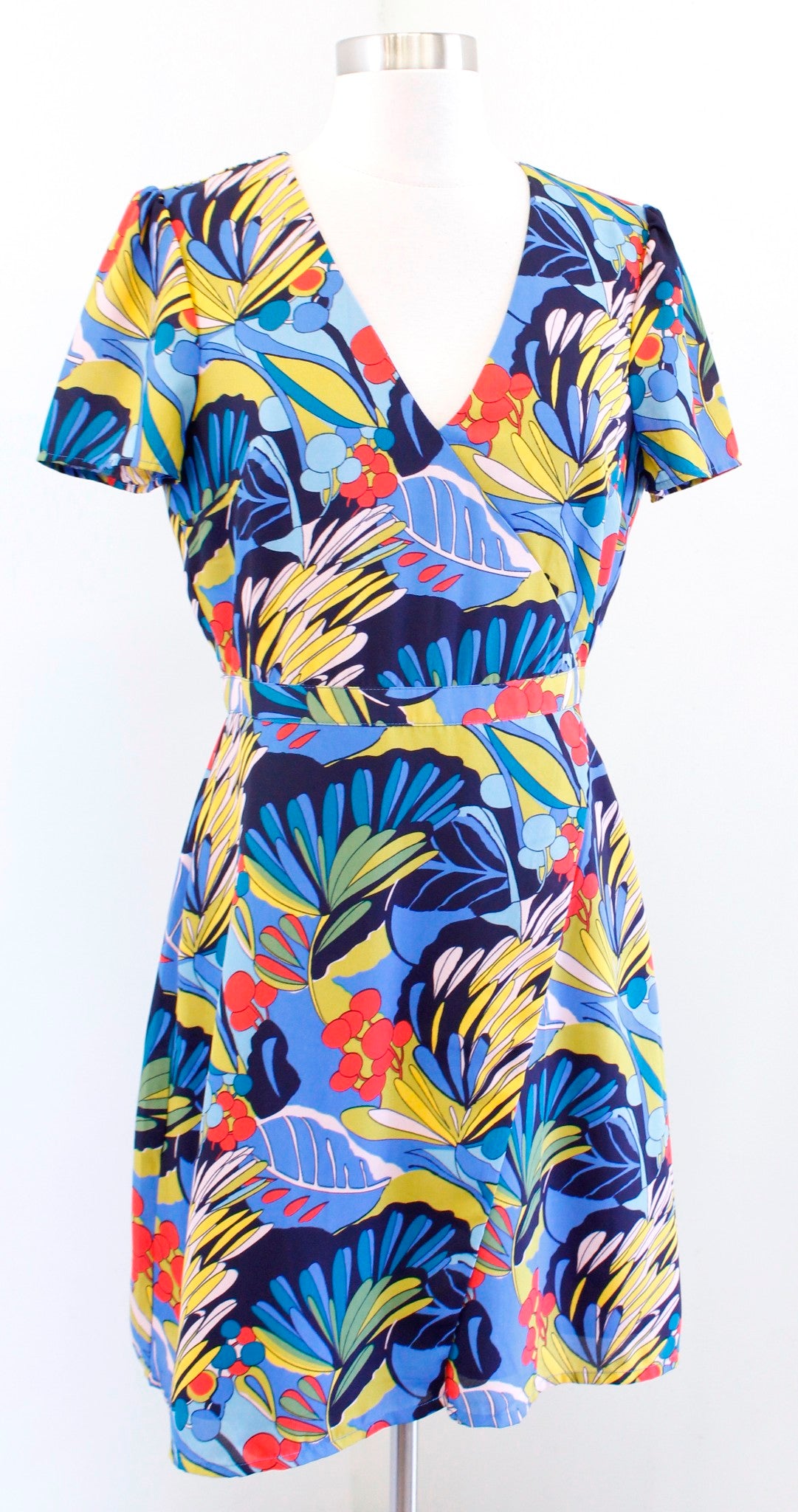 J Crew Mercantile Colorful Tropical Floral Print Faux Wrap Dress 4 V Neck Blue