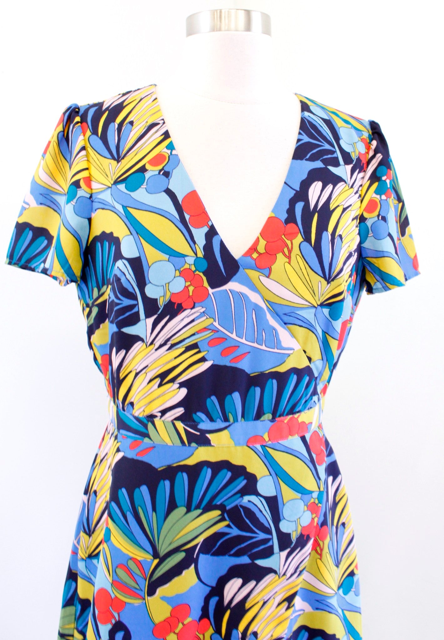 J Crew Mercantile Colorful Tropical Floral Print Faux Wrap Dress 4 V Neck Blue