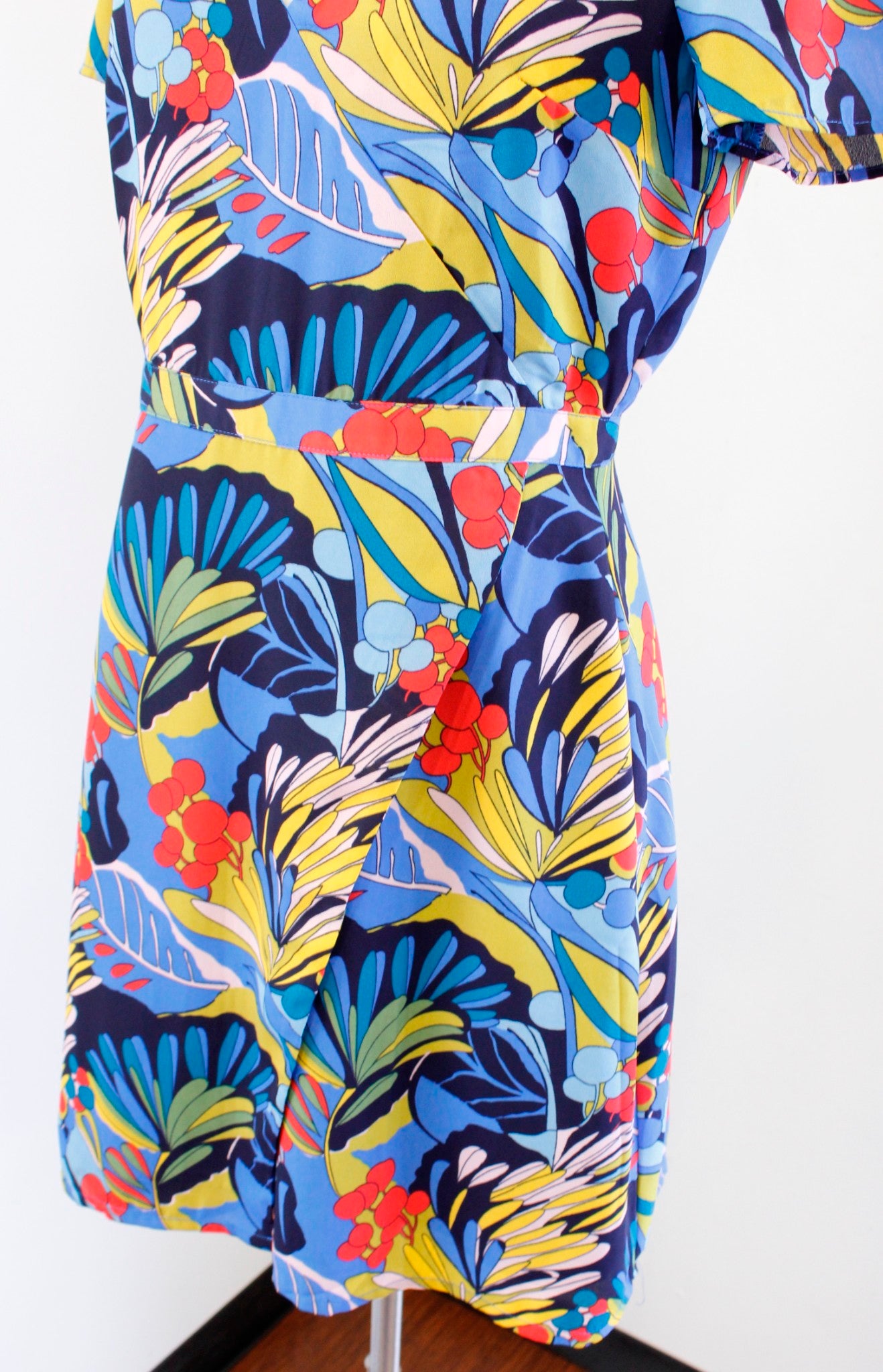 J Crew Mercantile Colorful Tropical Floral Print Faux Wrap Dress 4 V Neck Blue