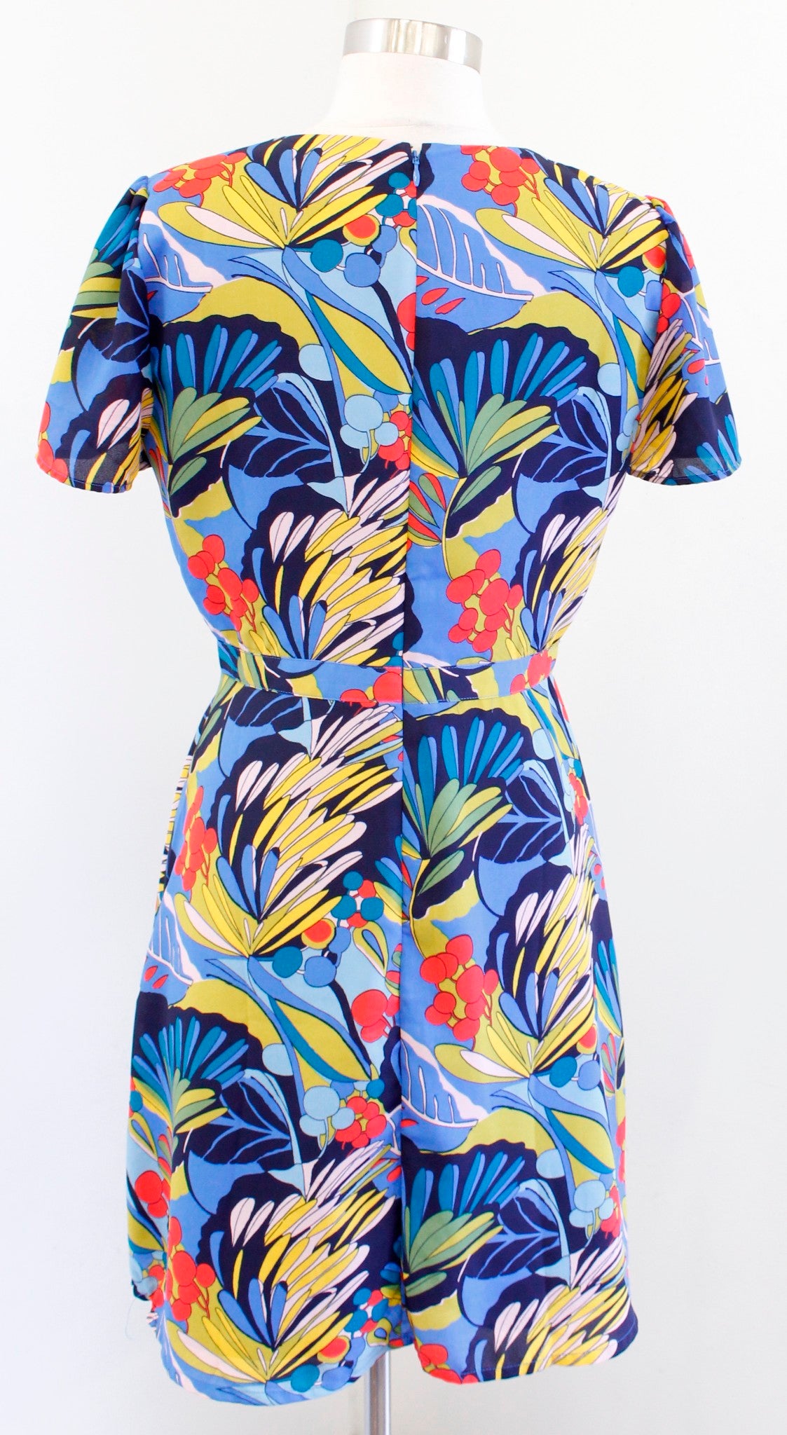 J Crew Mercantile Colorful Tropical Floral Print Faux Wrap Dress 4 V Neck Blue