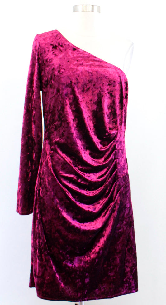 NWT Eliza J Wine Burgundy Crushed Velvet One Shoulder Ruched Dress Party Size 14