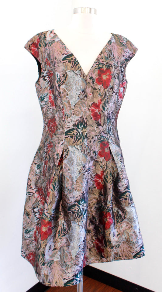 Carmen Marc Valvo Infusion Brocade Tapestry Floral Fit Flare Dress Cocktail 14