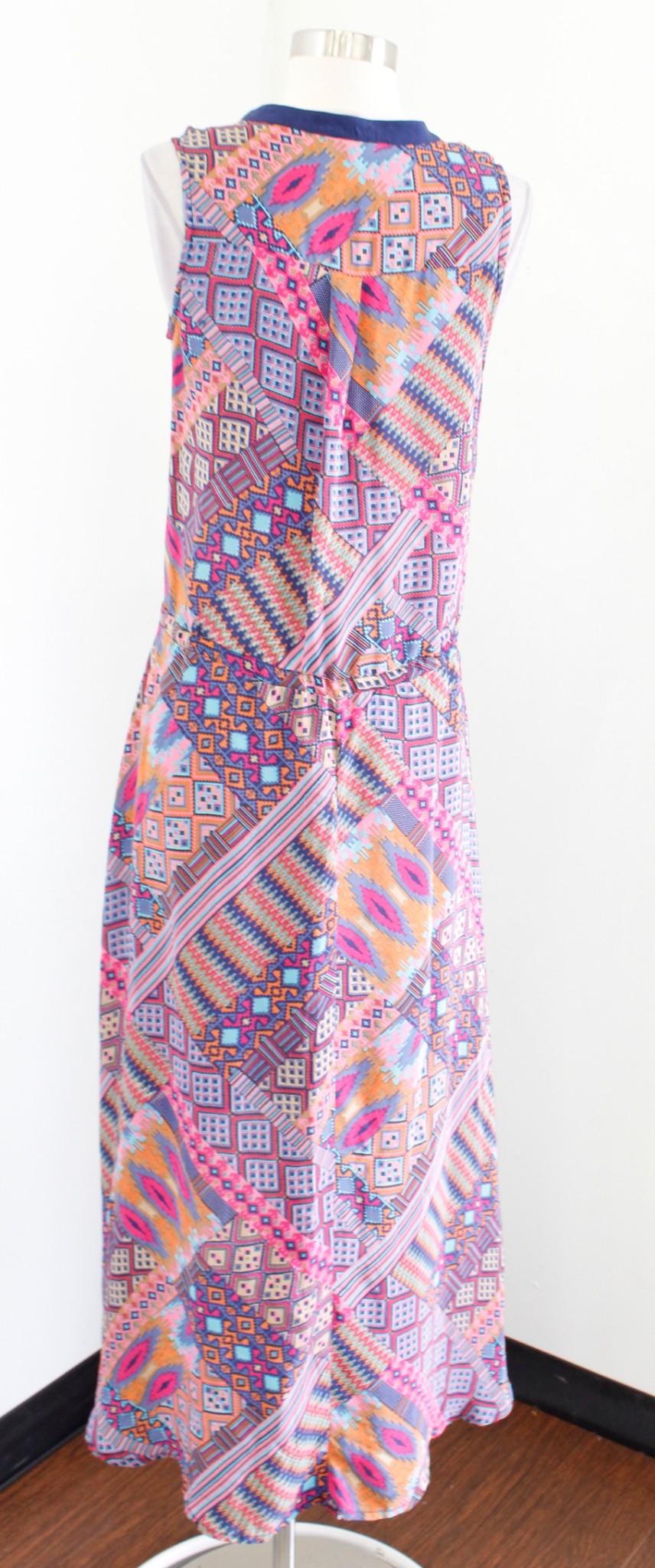 Tolani Silk Geometric Print Drawstring Waist Hi Lo Maxi Dress Size XS Pink Blue