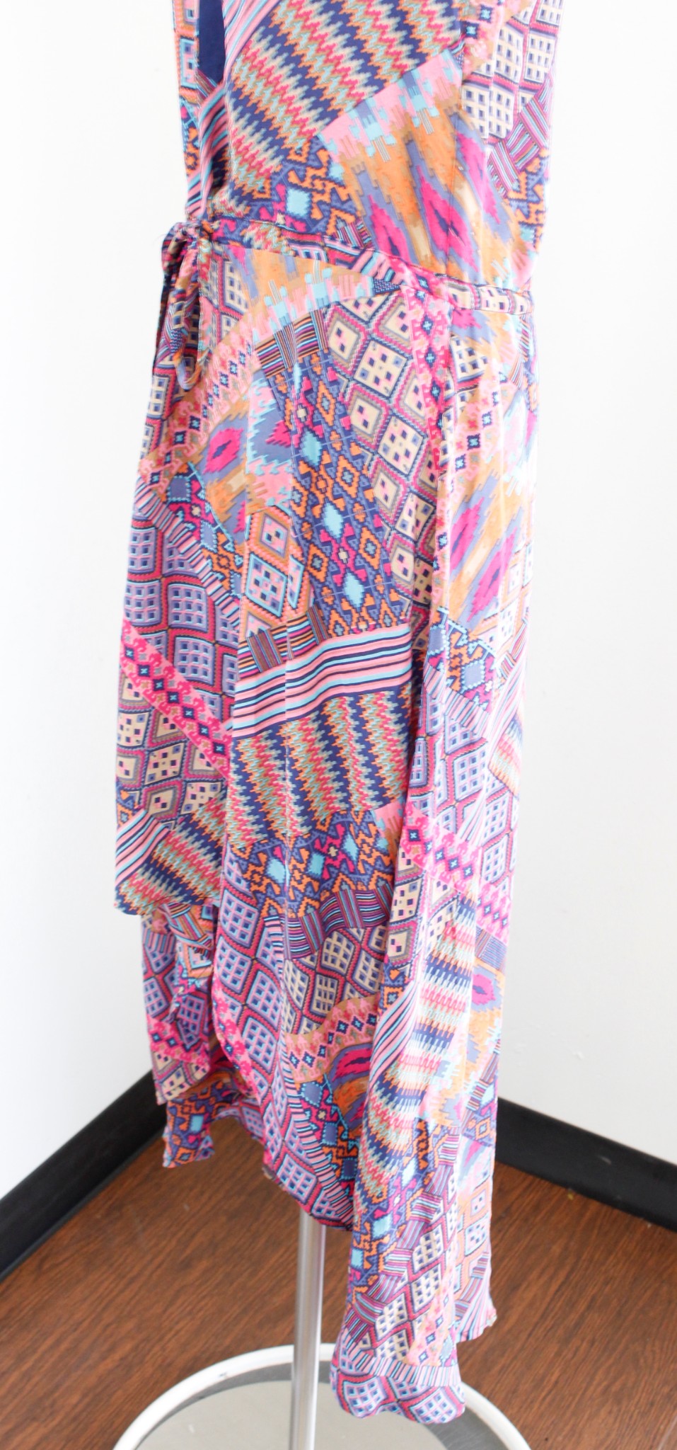 Tolani Silk Geometric Print Drawstring Waist Hi Lo Maxi Dress Size XS Pink Blue