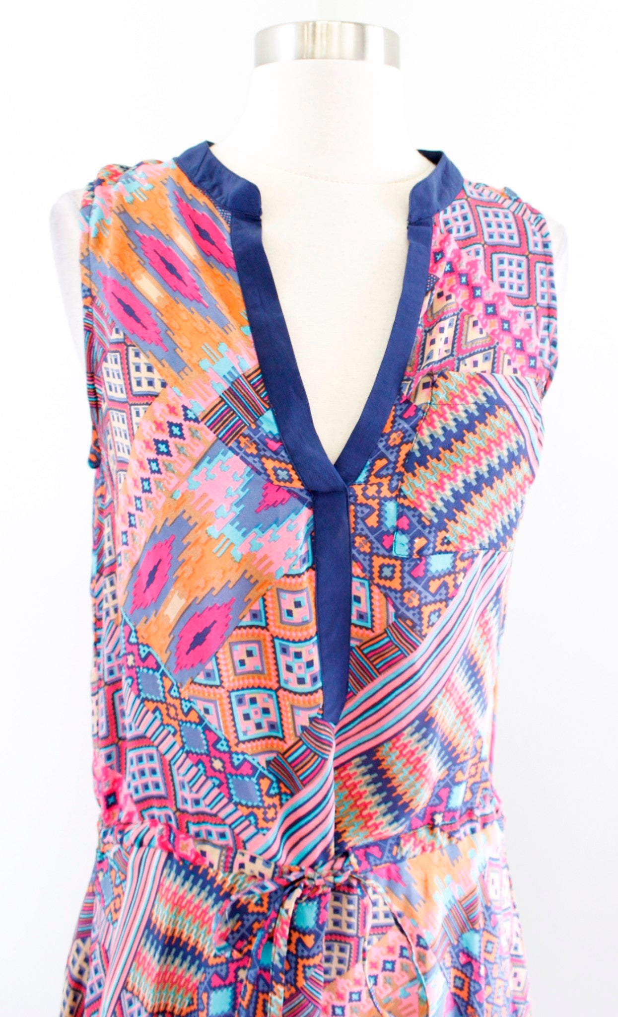 Tolani Silk Geometric Print Drawstring Waist Hi Lo Maxi Dress Size XS Pink Blue