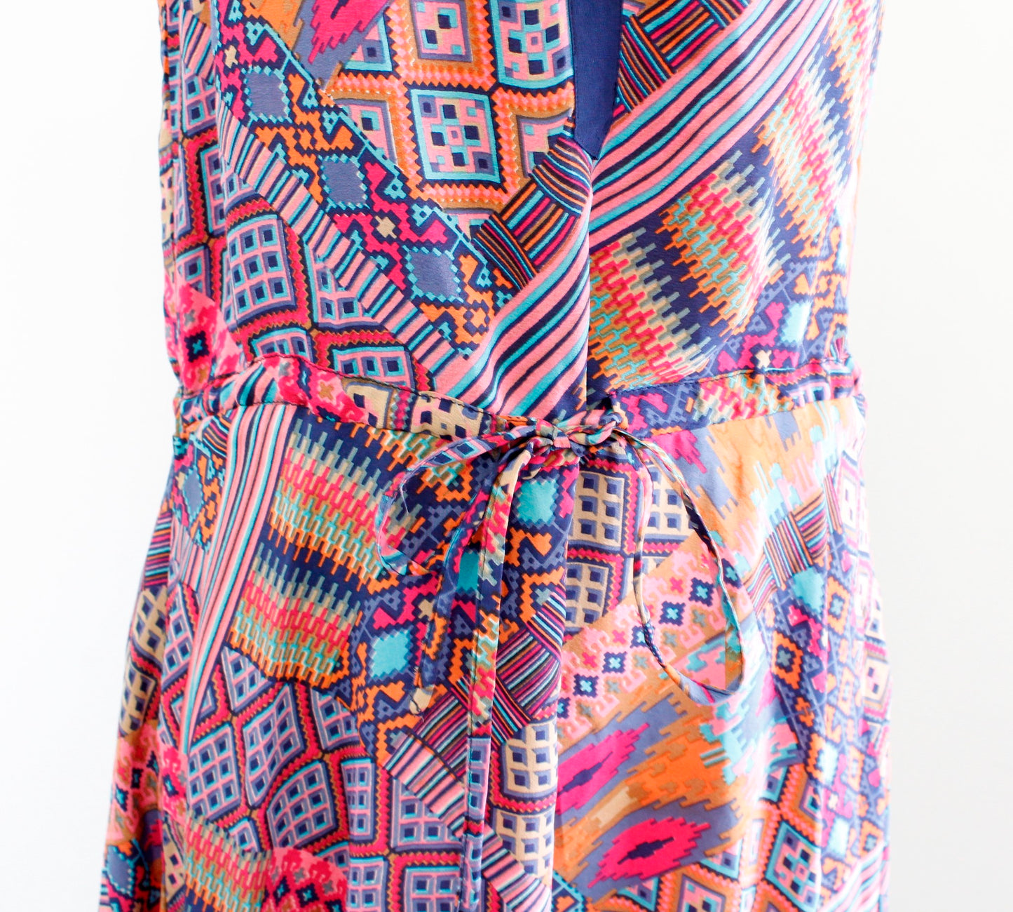 Tolani Silk Geometric Print Drawstring Waist Hi Lo Maxi Dress Size XS Pink Blue